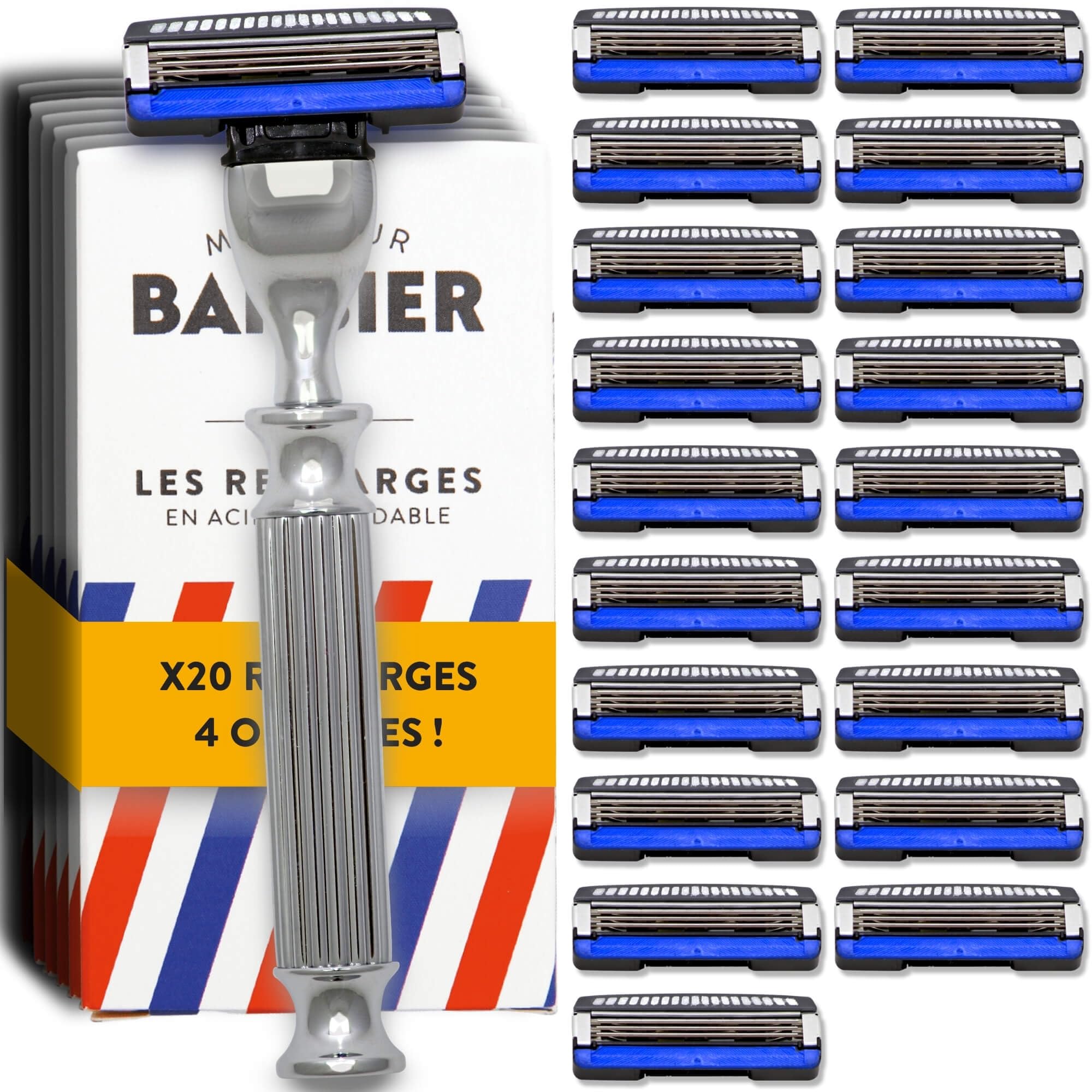 Monsieur BARBIER Afeitadora 3 Cuchillas CHALLENGER + 20 Recambios | Mango acero inoxidable compatible MACH3. Cabezal giratorio 40°, banda lubricante. Pieles sensibles, 6 a 12 meses.