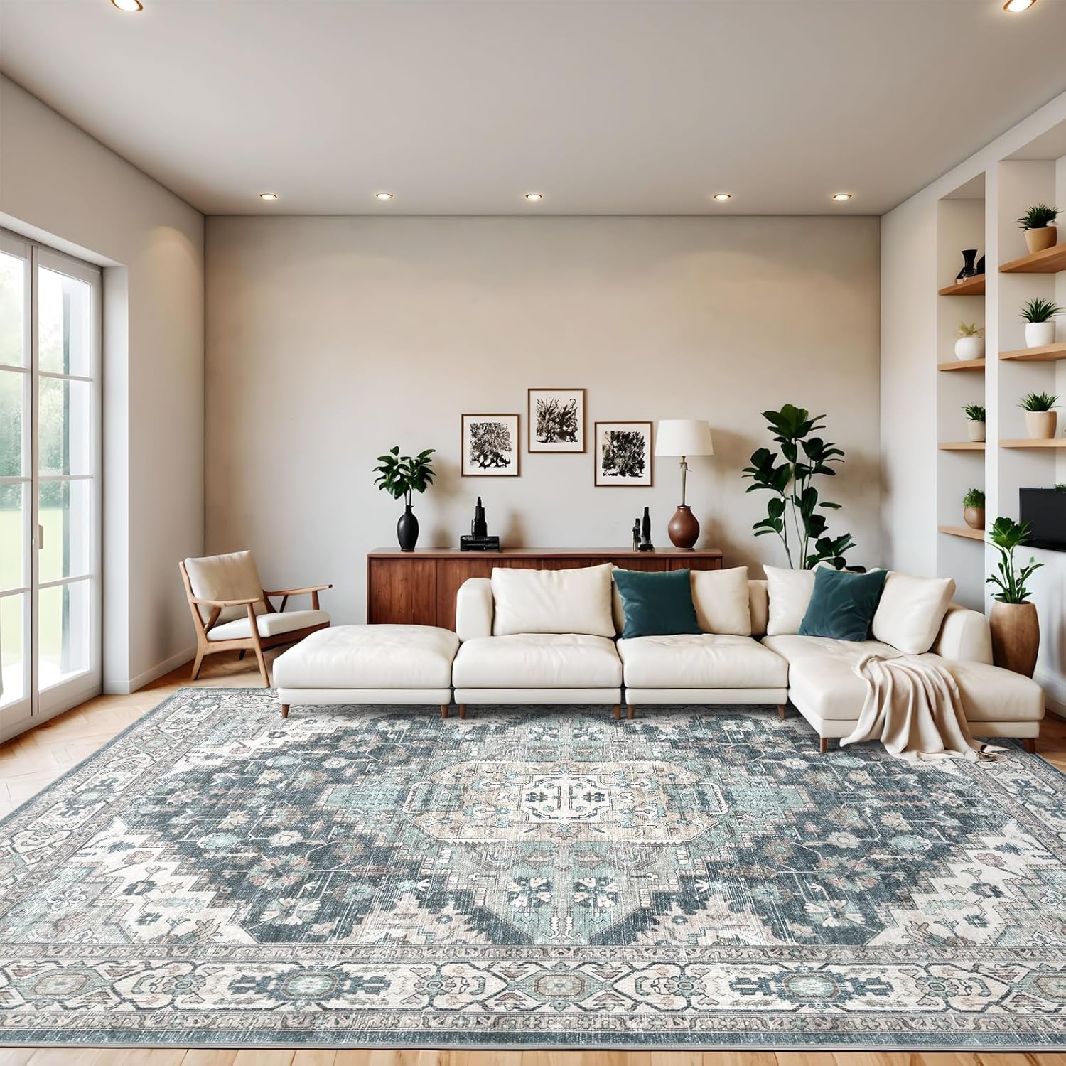 8x10 Vintage Washable Area Rug for Living Room,Low Pile Non Slip Carpet Non-Shedding Large Area Rug Soft Indoor Stain Resistant Rug Boho Print Mat for Bedroom Dining Room Blue Beige Multi - Image 3