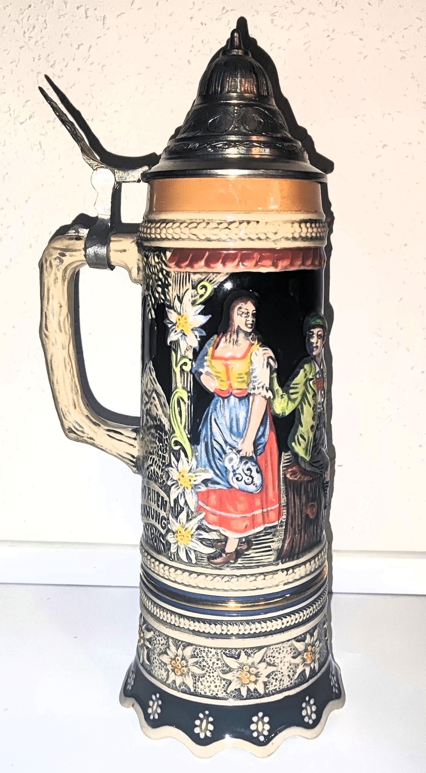 Rahm Sammelkrug/Bierkrug mit Zinndeckel/Steinkrug/Jagdkrug/Höhe ca. 30 cm