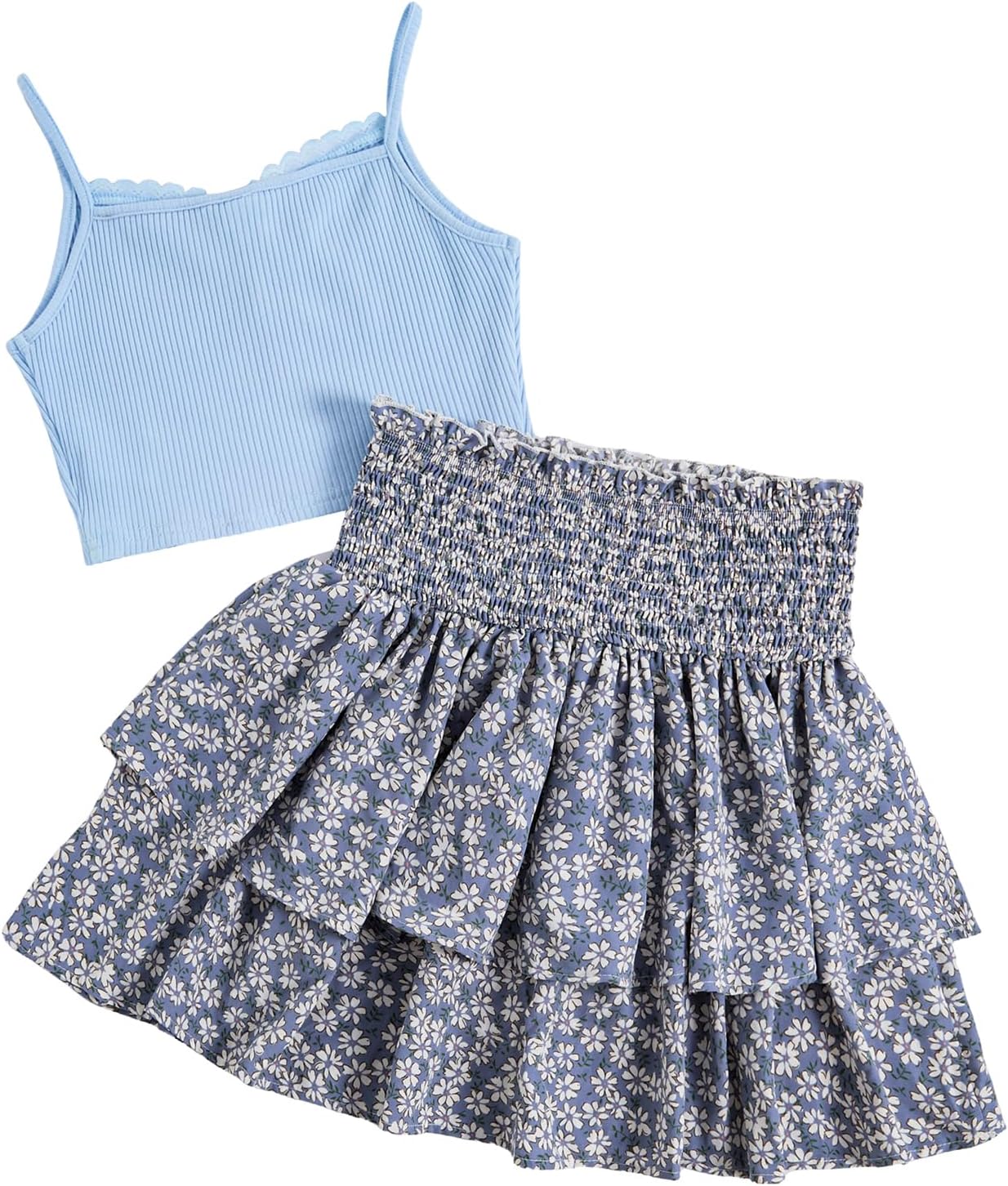 Girl's 2 Piece Outfits Lace Ruched Camisole Tops and Shirred High Waisted Layered Floral Skirts Set - Image 2