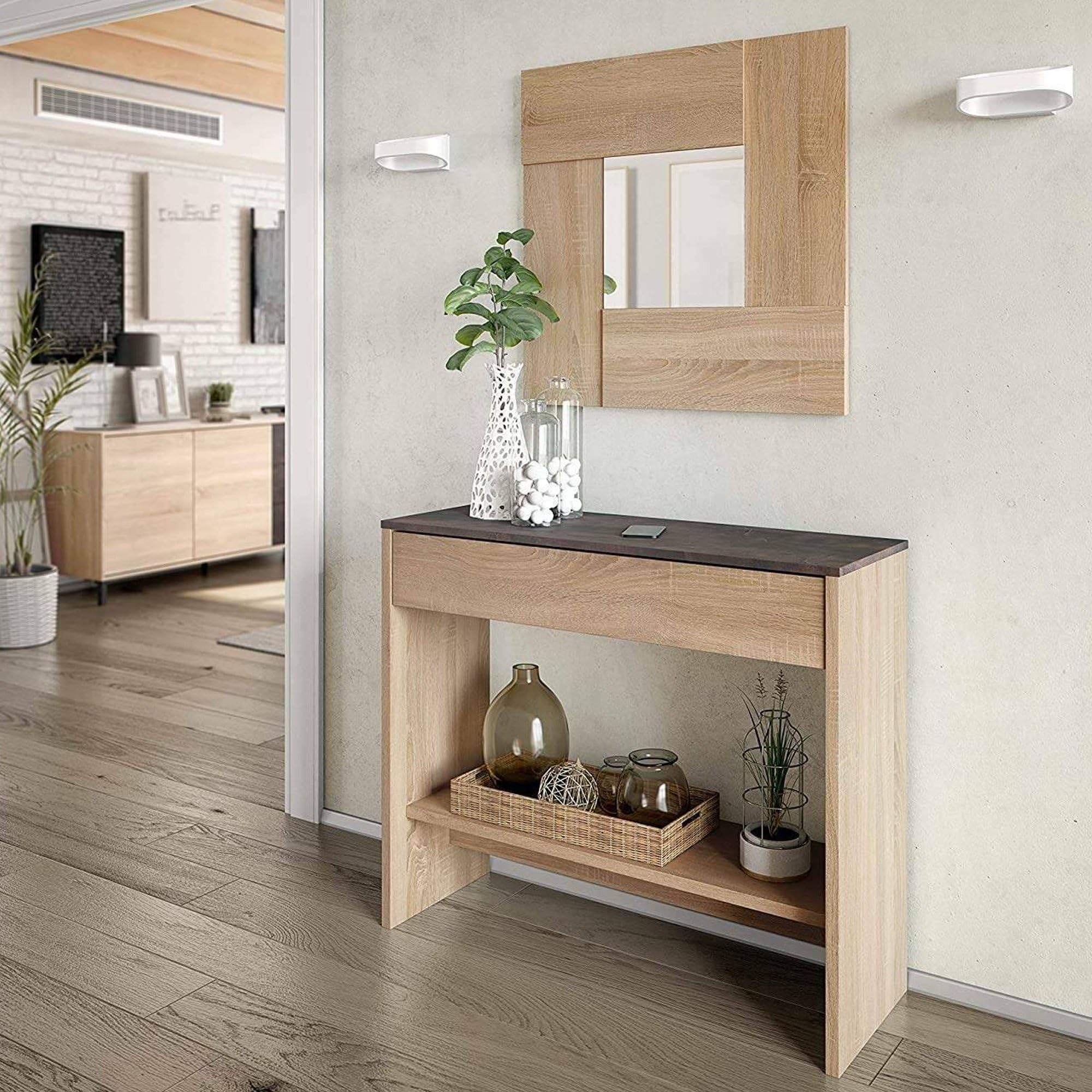 Dmora - Mobile da ingresso Gilbert, Entratina con specchio, Mobile con cassetto e ripiano per entrata, Armadio moderno per atrio, cm 92x33h149, Rovere e Noce