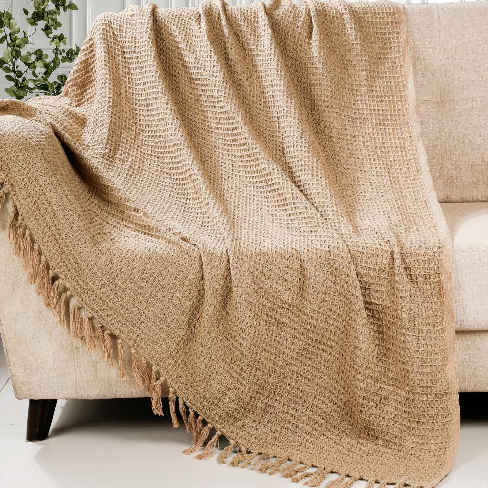 HOMADORN Waffle Weave Cotton Throw Blanket – Lightweight, Breathable & Cozy for Sofa or Bed (100% Cotton)(50X60 Inches) Beige-image-33