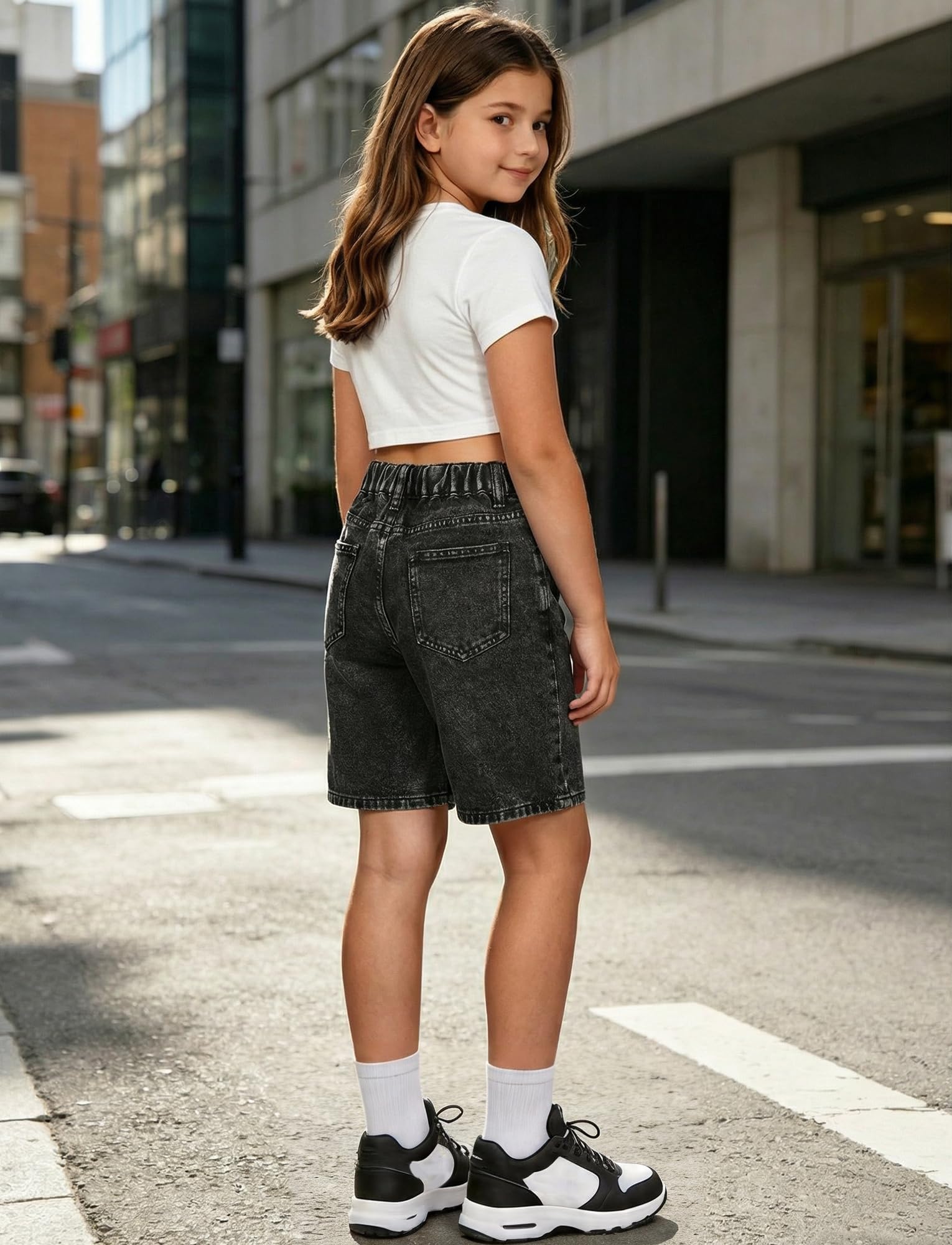 SEAUR Fille Short en Jean Long Ample Coton Taille Élastique d'Été Jeans Fille Bermuda Cargo Baggy Décontracté 8-12 Ans