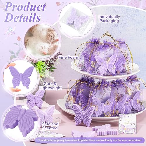 Miniatura 9 de Dunzy Juego de 50 recuerdos de mariposa para baby shower para invitados, regalos de jabón de mariposa de Navidad con tarjetas de agradecimiento