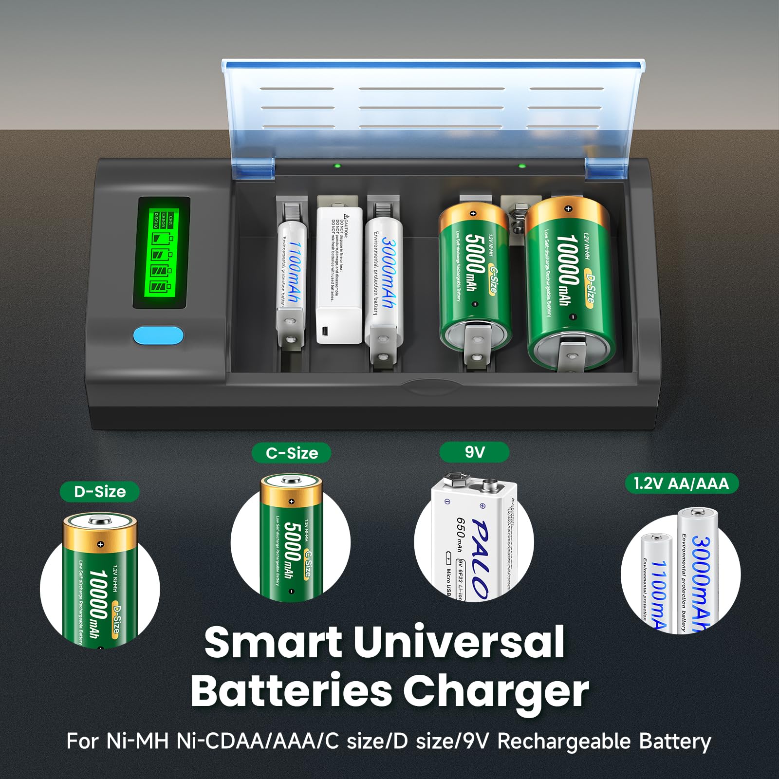 Cargador de Pilas Recargable Universal con Batería D 10000mAh, Cargador de Batería LCD Rápido para Pilas Recargables AA/AAA/SC/C/D Ni-MH, con Función de Descarga
