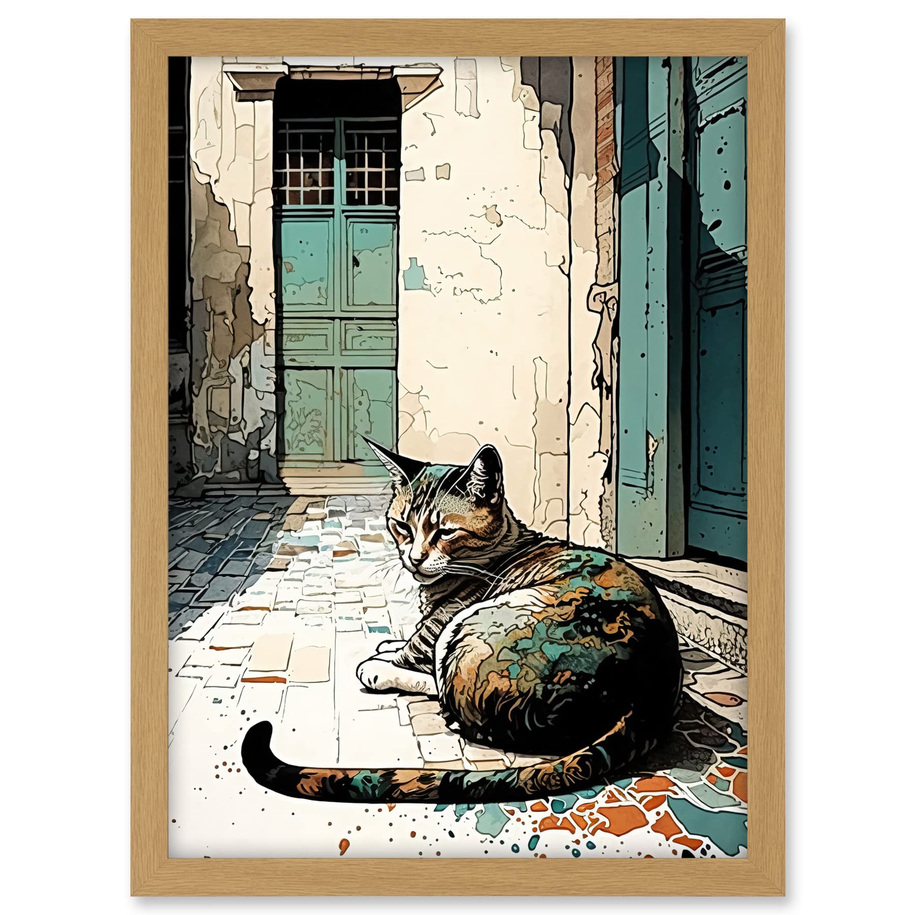 Artery8 Street Cat Sunbathing on Cobblestone Street Modern Illustration Artwork Framed A3 Wall Art Print