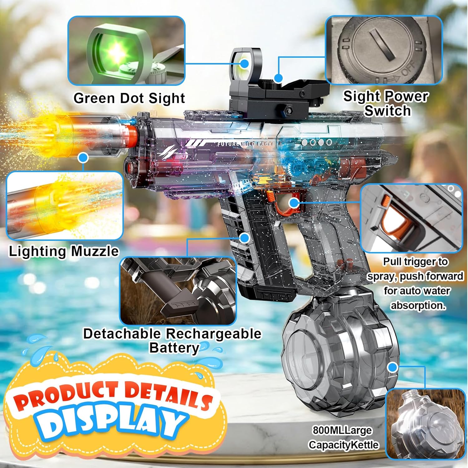 Electric Water Gun for Adults Kids, Powerful Automatic Squirt Waterguns Pistol, Summer Outdoor Beach Pool Swimming Backyard Party Games Gifts Toys for Teen Boys 8+, Black