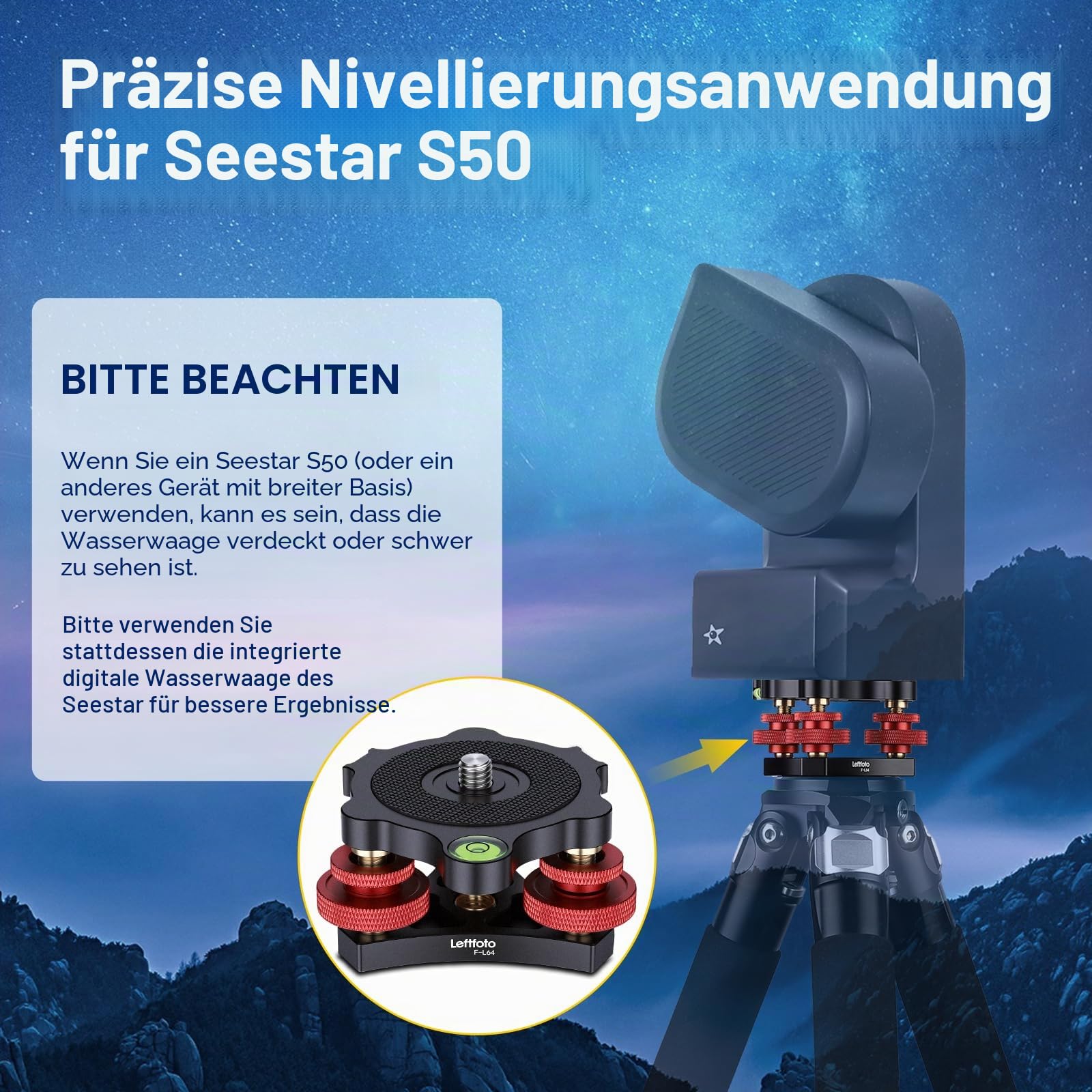 Stativ-Nivellierständer mit +/-5-Grad-Präzisions-Einstellungshalterung für Seestar S50/Panoramakopf, Kugelkopf, Videokopf und Stativ