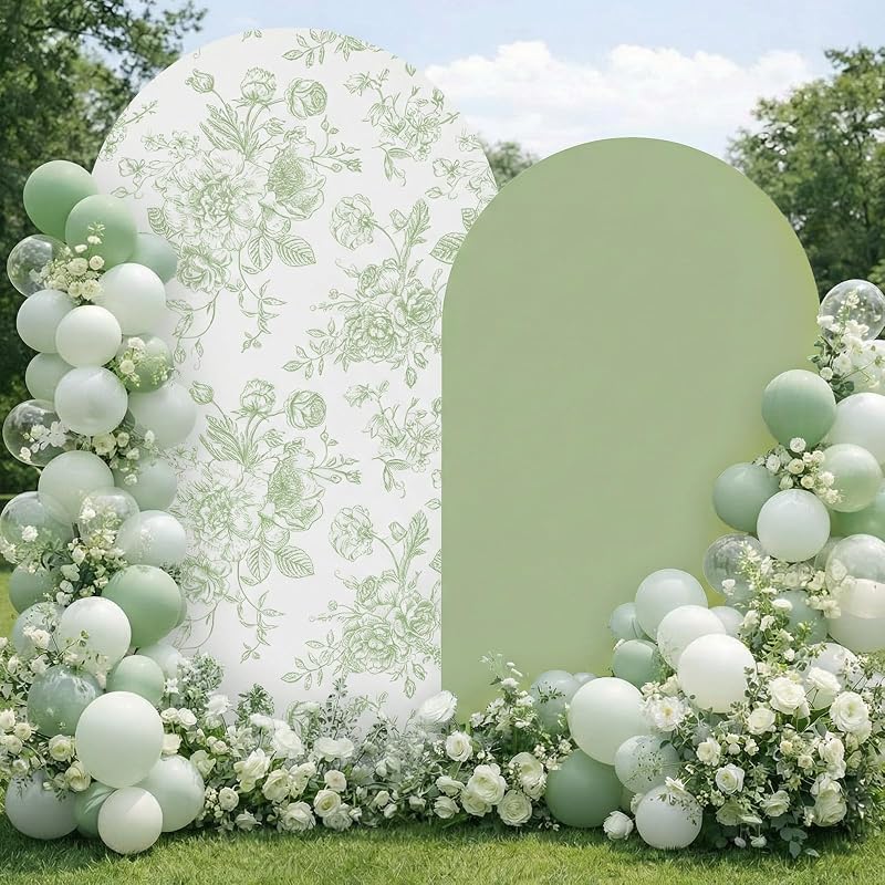 Tegeme 2 Set Sage Green Floral Arch Cover Stretchy Wedding Party Backdrop | 7.2ft 6.6ft Covers, Stretchy Arches, Floral and Solid Design for Bridal Shower Baby Shower Tea Party Backdrop