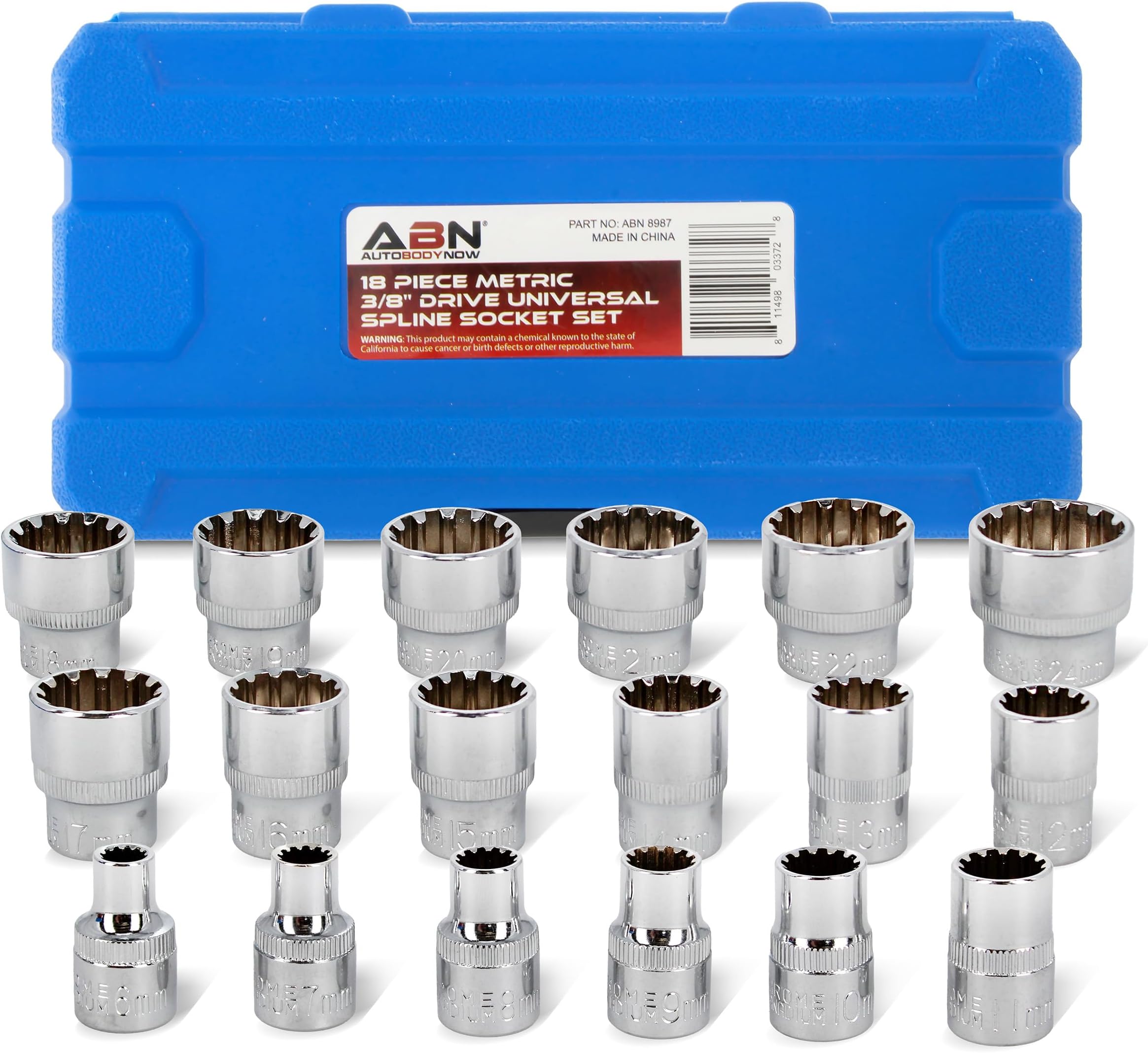 ABN Universal Spline Socket Set – 18 Piece Metric Socket Tool Set, 3/8in Drive Socket Set Spline Tool