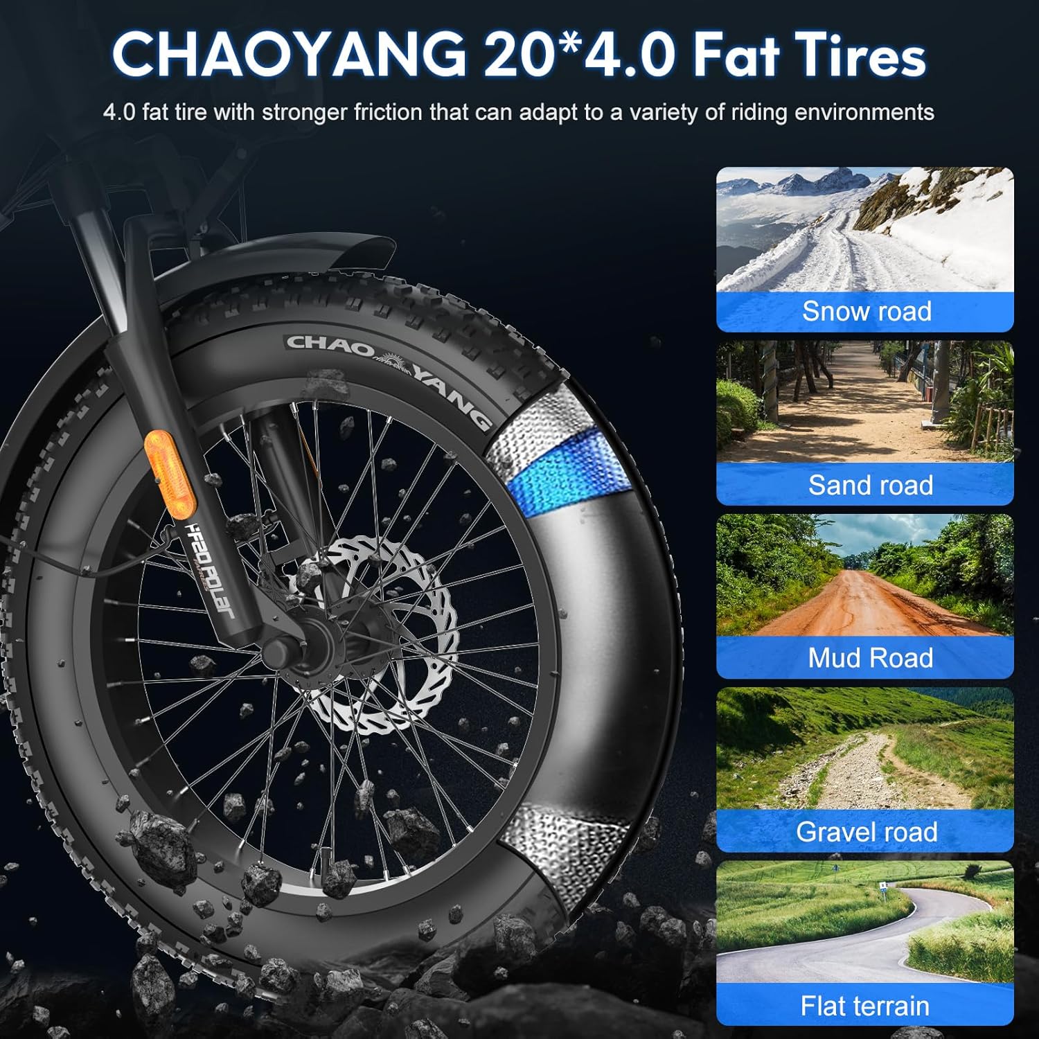 CHAOYANG 20x4.0 fat tires on the Fafrees FF20 Polar E-Bike, suitable for various terrains like snow, sand, mud, gravel, and flat roads.
