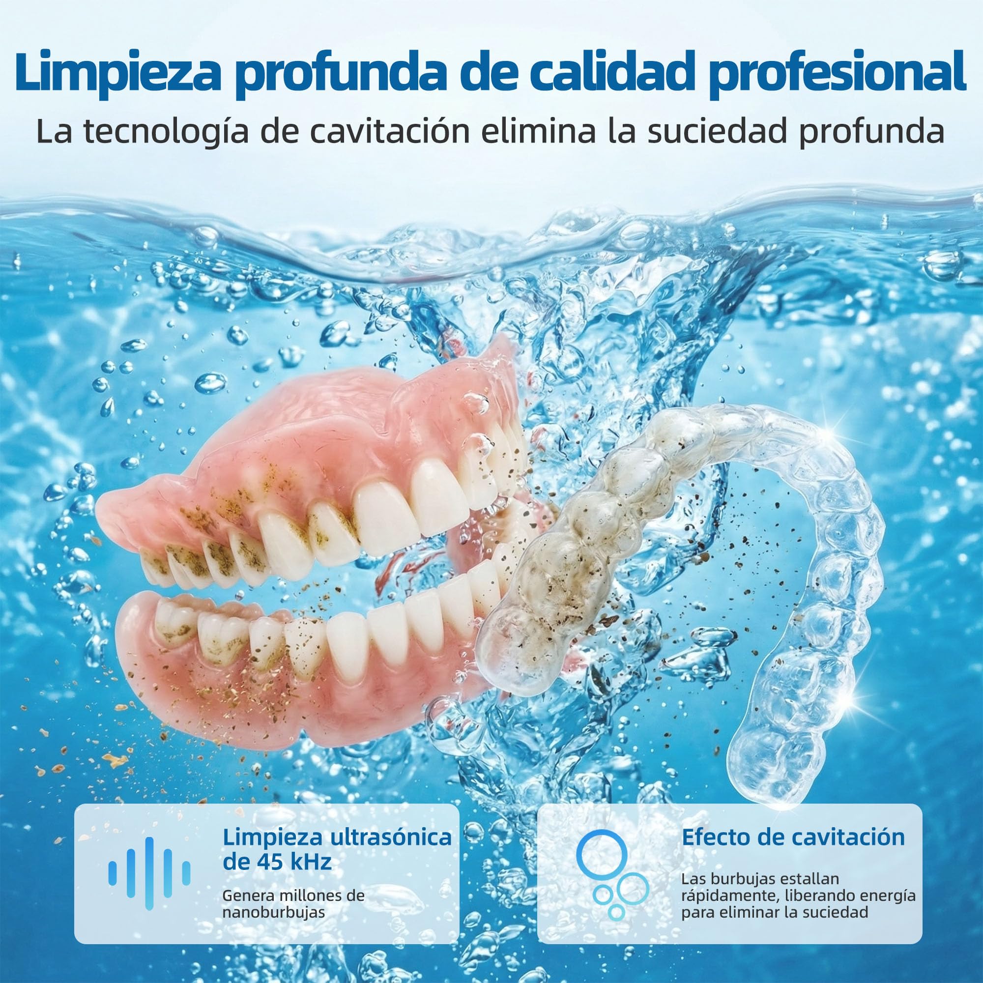 Carehabi Limpiador Ferula Dental, Limpiador Ultrasonidos Dental 45kHz con Depósito Extraíble 200mL, Máquina con Luz U-V para Retenedores, Alineadores y Joyas, Blanco