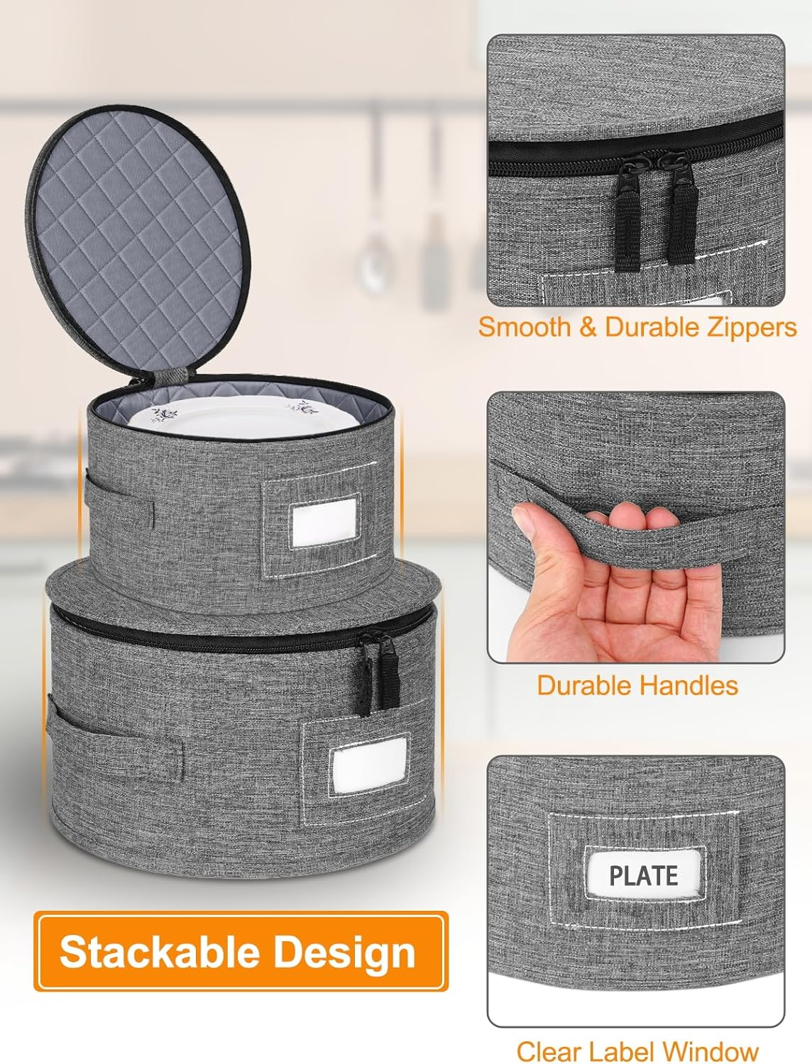 punemi China Storage Containers 5-Piece Set w/Hard Shell Sides & Bottom, Quilted Stackable Plate & Dish Storage Protectors, Adjustable Mug and Cup Storage Organizer for Moving and Dinnerware storage