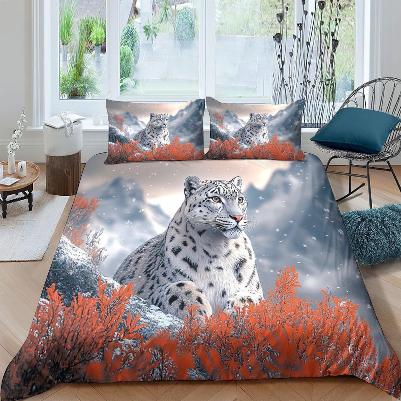 TUFRTGYHN 3D Printed Snow Leopard Duvet Cover Microfiber Soft Breathable Mountain Forest Bedding Set with 2 Pillowcases for Bedroom Decor Single（135x200cm）