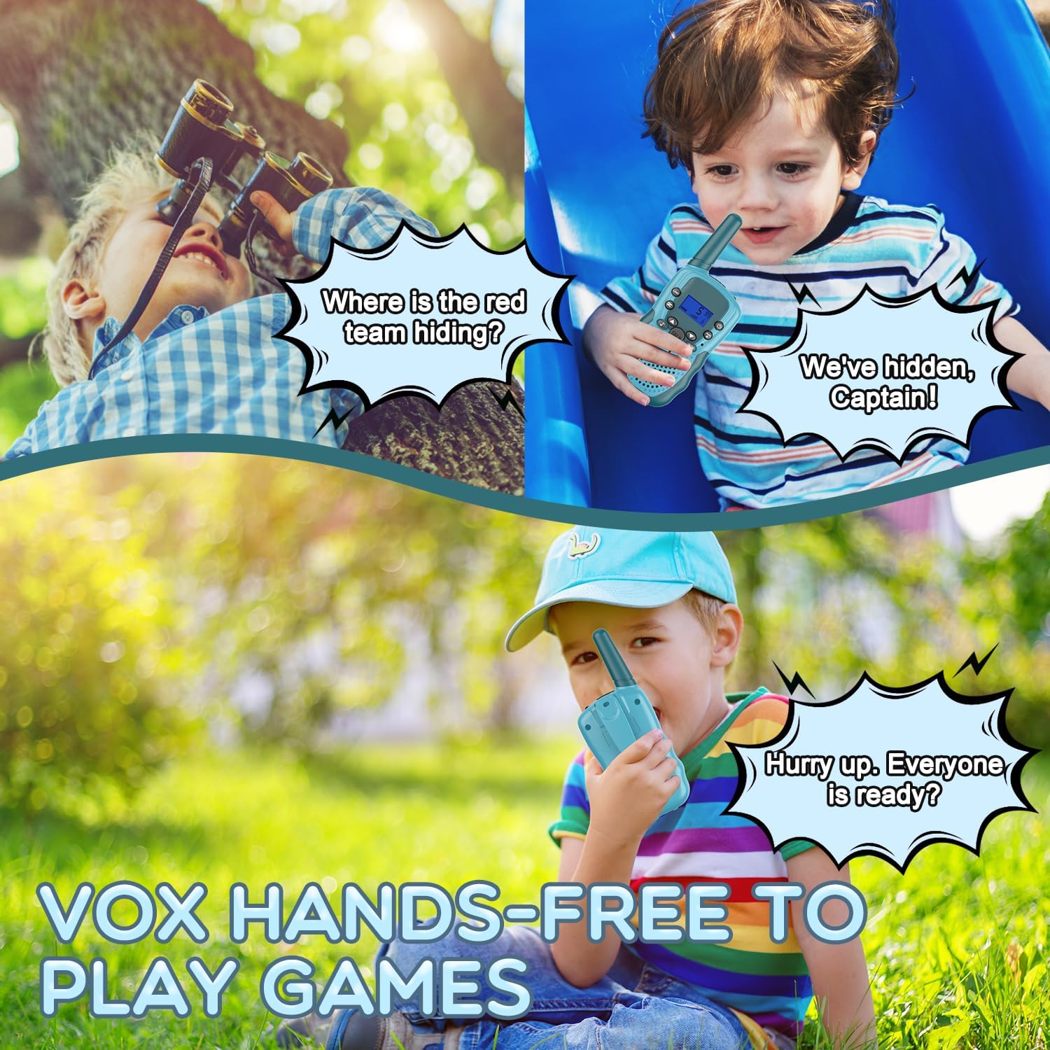 Three children playing outdoors, each using a walkie talkie hands-free, with speech bubbles indicating communication during a game.