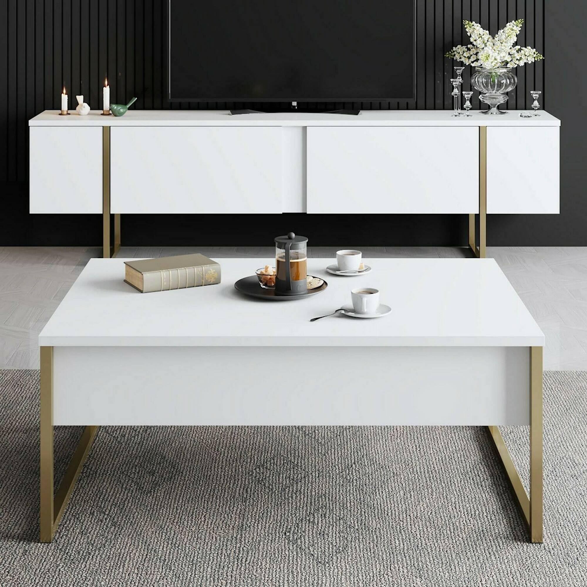 Dmora - Meuble TV Centaurus, Buffet de Salon, Armoire Basse pour TV, Base Murale de Rangement, 180x30h50 cm, Blanc et Or