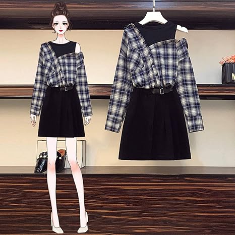 Amazon Co Jp レディースファッションチェック柄シャツステッチラウンドネックトップ ブラックフリルデニムaラインスカートツーピーススーツ 服 ファッション小物