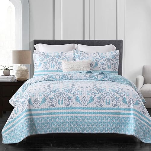 PERHOM Juego de edredón de tamaño Queen 100% algodón, tamaño Queen, color azul y gris, diseño de retazos de rayas florales, bohemio, ligero, juego