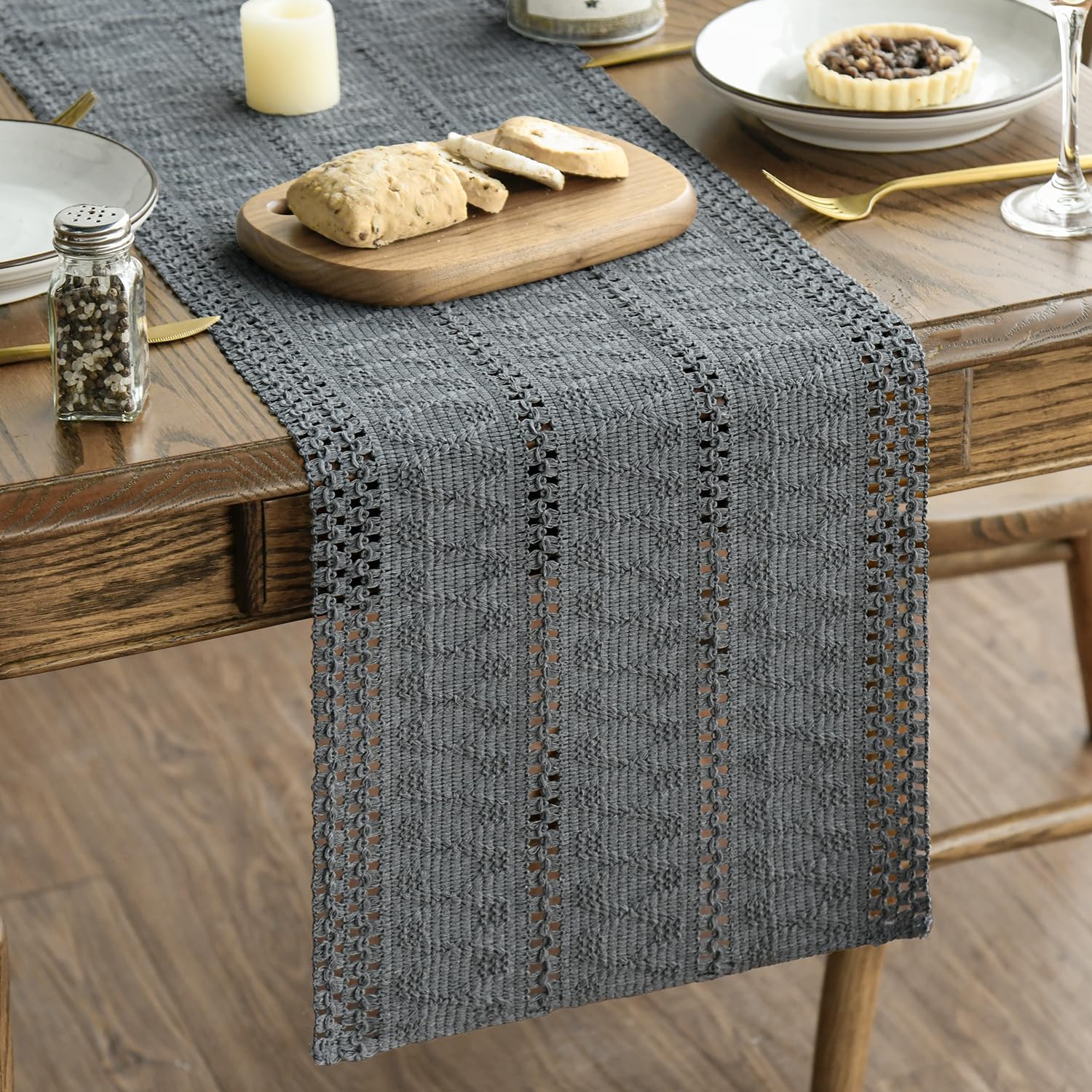 Artoid Mode Dark Grey Farmhouse Woven Rustic Hollow Table Runner 12x72 Inch - Rustic Kitchen Dining Holiday Decor