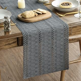 Artoid Mode Dark Grey Farmhouse Woven Rustic Hollow Table Runner 12x72 Inch - Rustic Kitchen Dining Holiday Decor