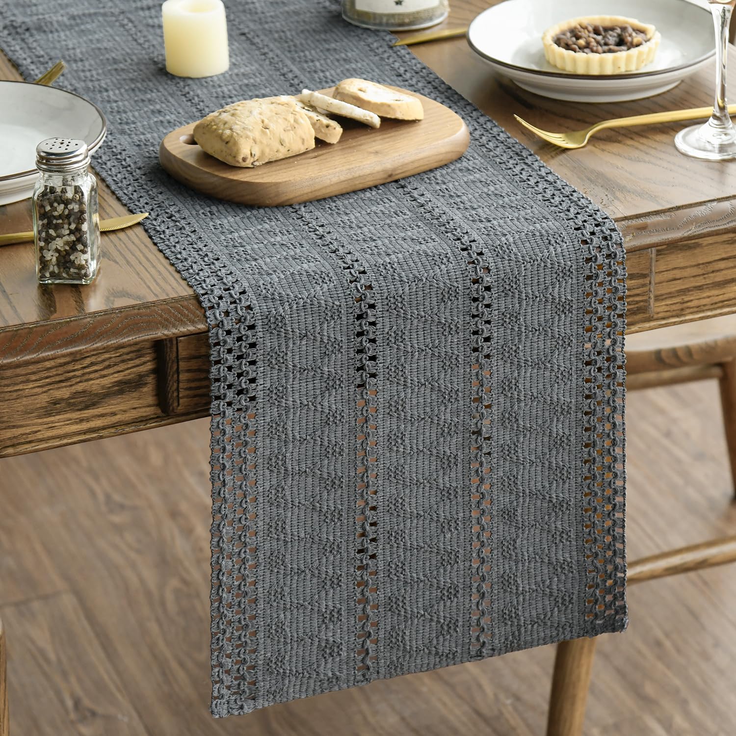 Artoid Mode Dark Grey Farmhouse Woven Rustic Bohemian Table Runner 30x183 cm, Hollow Seasonal Holiday Kitchen Dining Table Decoration for Home Party Decor