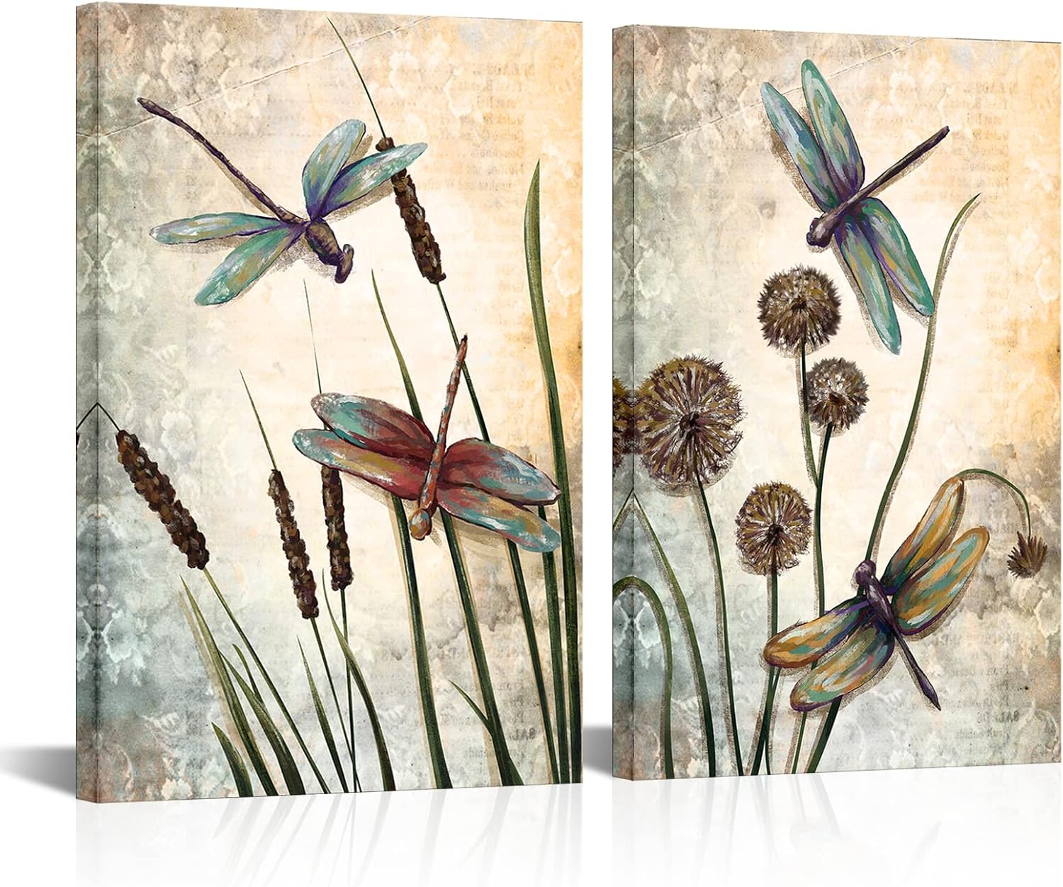 LoveHouse Dragonfly Wall Art Vintage Insect Painting Pictures Prints Beige Dandelion on Canvas Artwork