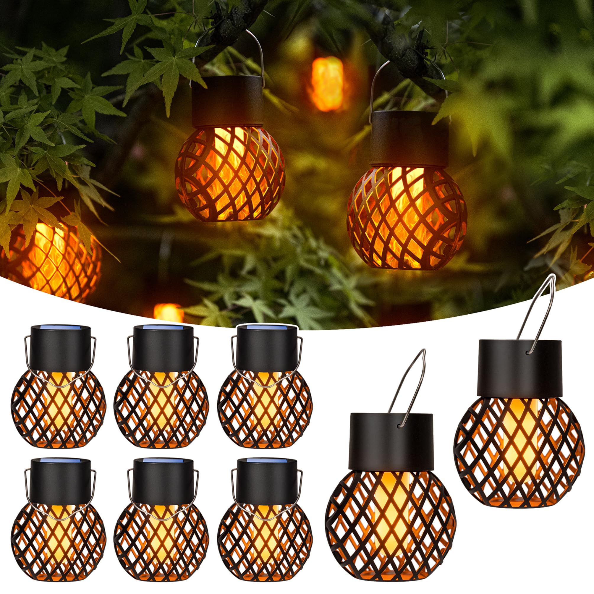 GIGALUMI Paquete de 8 luces solares colgantes de llama parpadeante, luces solares impermeables para jardín, patio, valla, árbol
