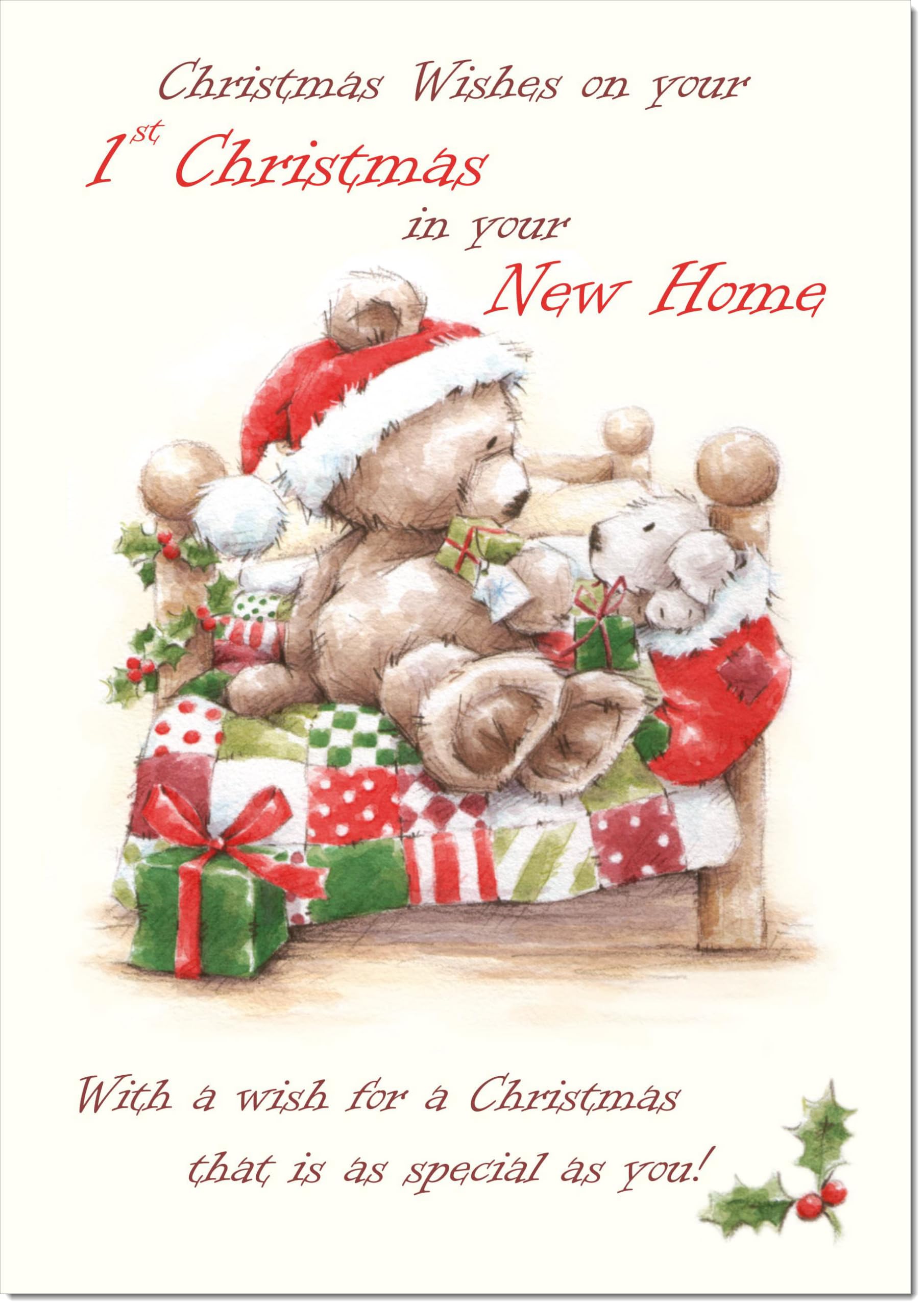 doodlecards 1st First Christmas in New Home Christmas Card Cute Bear on Bed Large A4 Size Christmas Card for 1st in New Home with Plain Envelope — image 1