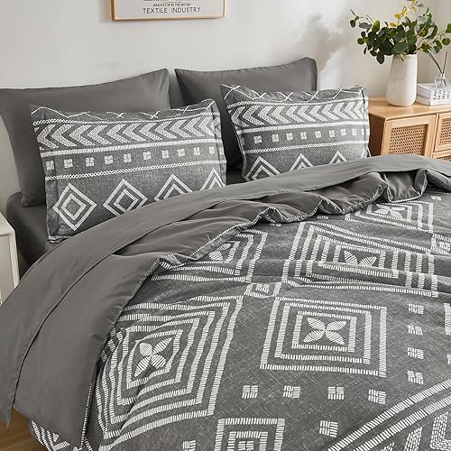 Miniatura 4 de Yiran Juego de edredón bohemio tamaño Queen, juego de ropa de cama gris de 7 piezas en una bolsa, juego completo de ropa de cama de microfibra suave