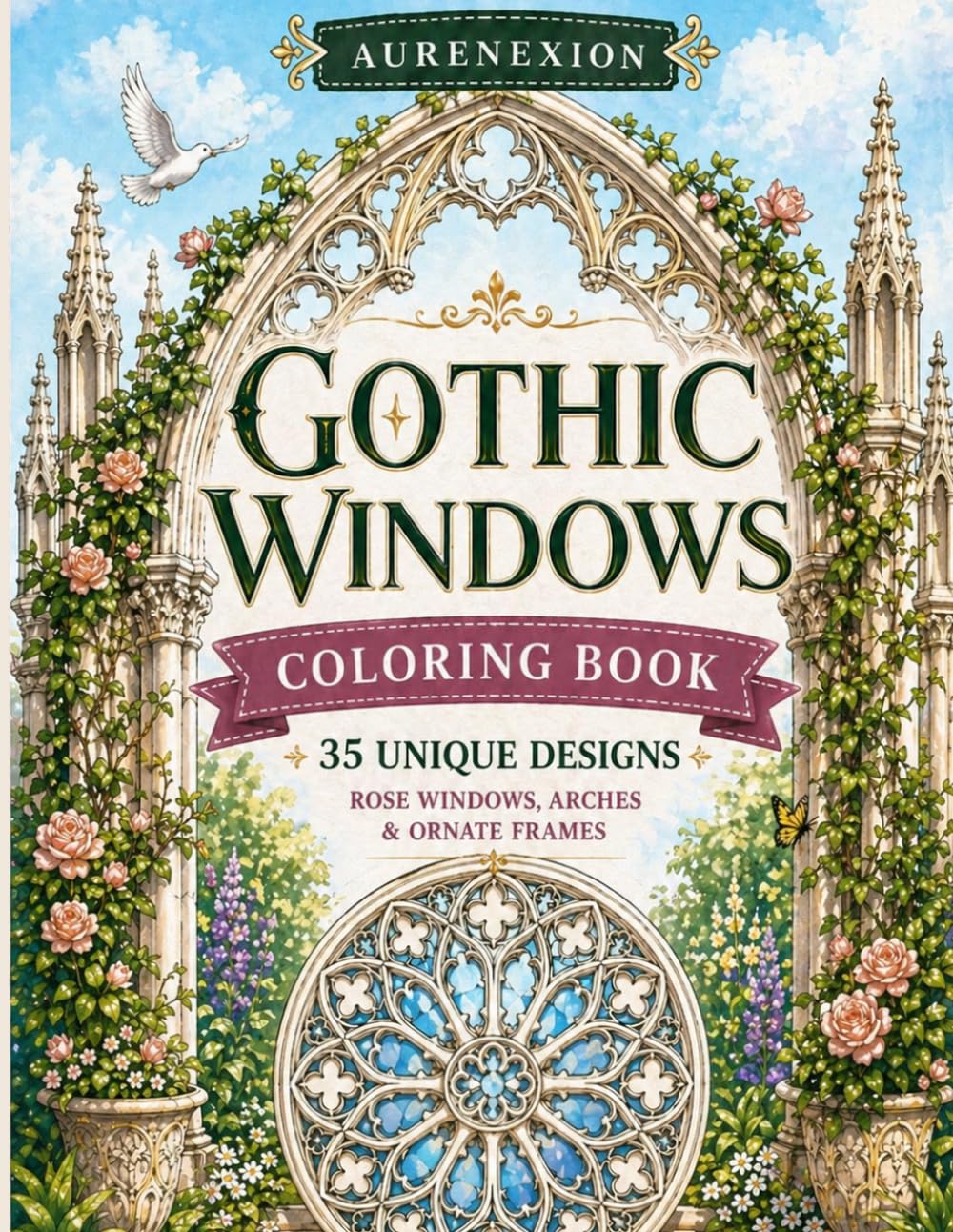 Gothic Windows Coloring Book: 35 Unique Designs of Rose Windows, Arches & Ornate Frames for Relaxation and Creativity (AURENEXION Gothic Fantasy Collection)