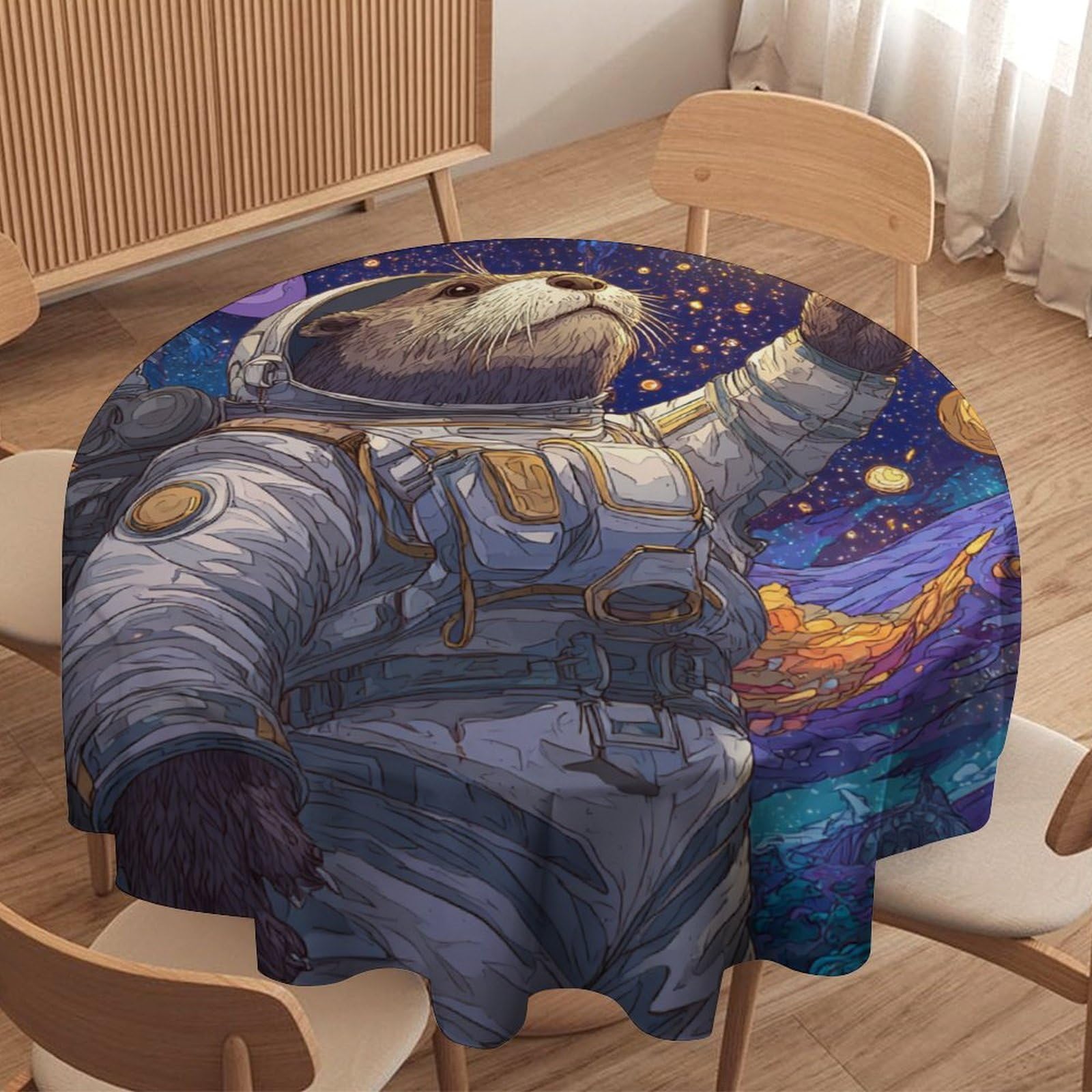 LUYYSKY Classic Vintage Otter Astronaut Round Tablecloth Beautiful Funny Outer Space Galaxy Constellation Animal Otter Washable Decor for Table Cover for Kitchen-127 Wx127 L cm