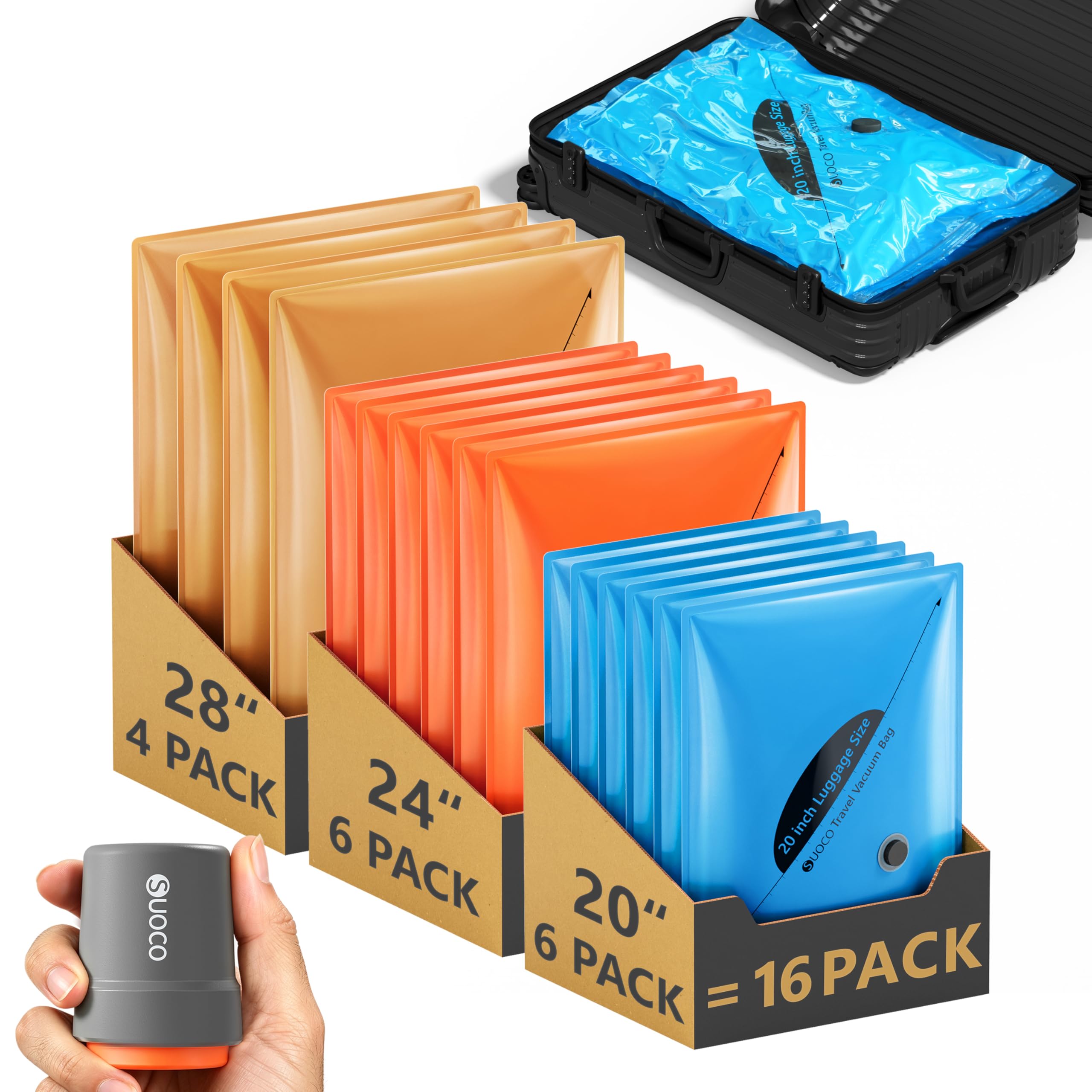 SUOCO Vakuumbeutel für Kleidung, Reisen, mit kabelloser Pumpe, 3 Größen (50,8 cm, 61 cm, 71,1 cm), Kompressions-Verpackungswürfel für Gepäck, Koffer, 16 Stück