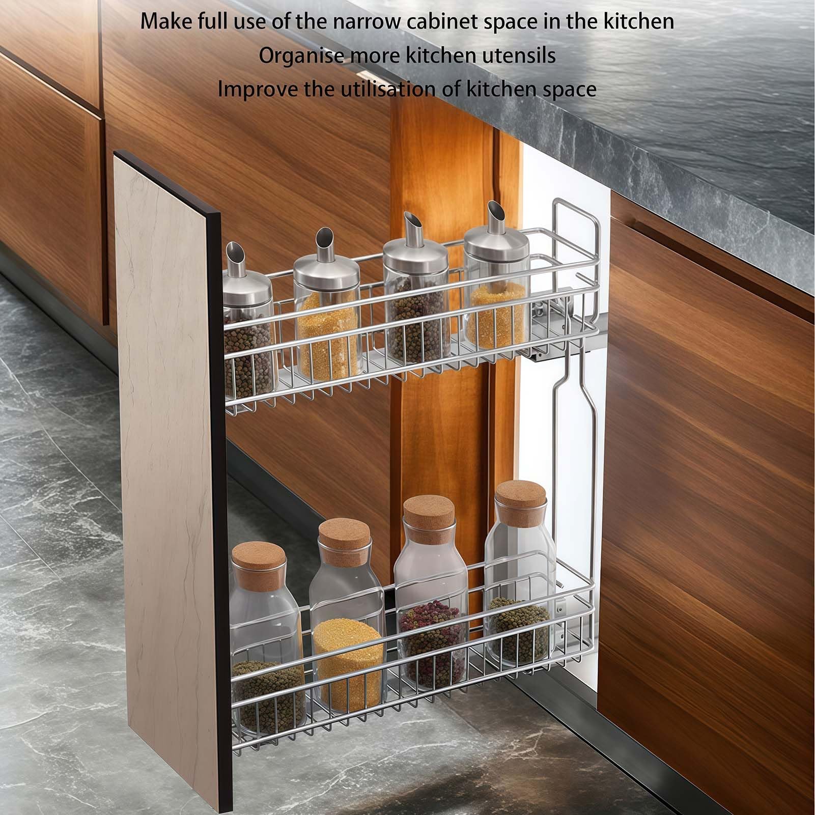 Organizador de especias extraíble de 2 niveles, unidad de almacenamiento deslizante para debajo del gabinete, ahorro de espacio de gabinete estrecho, almacenamiento de cajones de cocina para el hogar