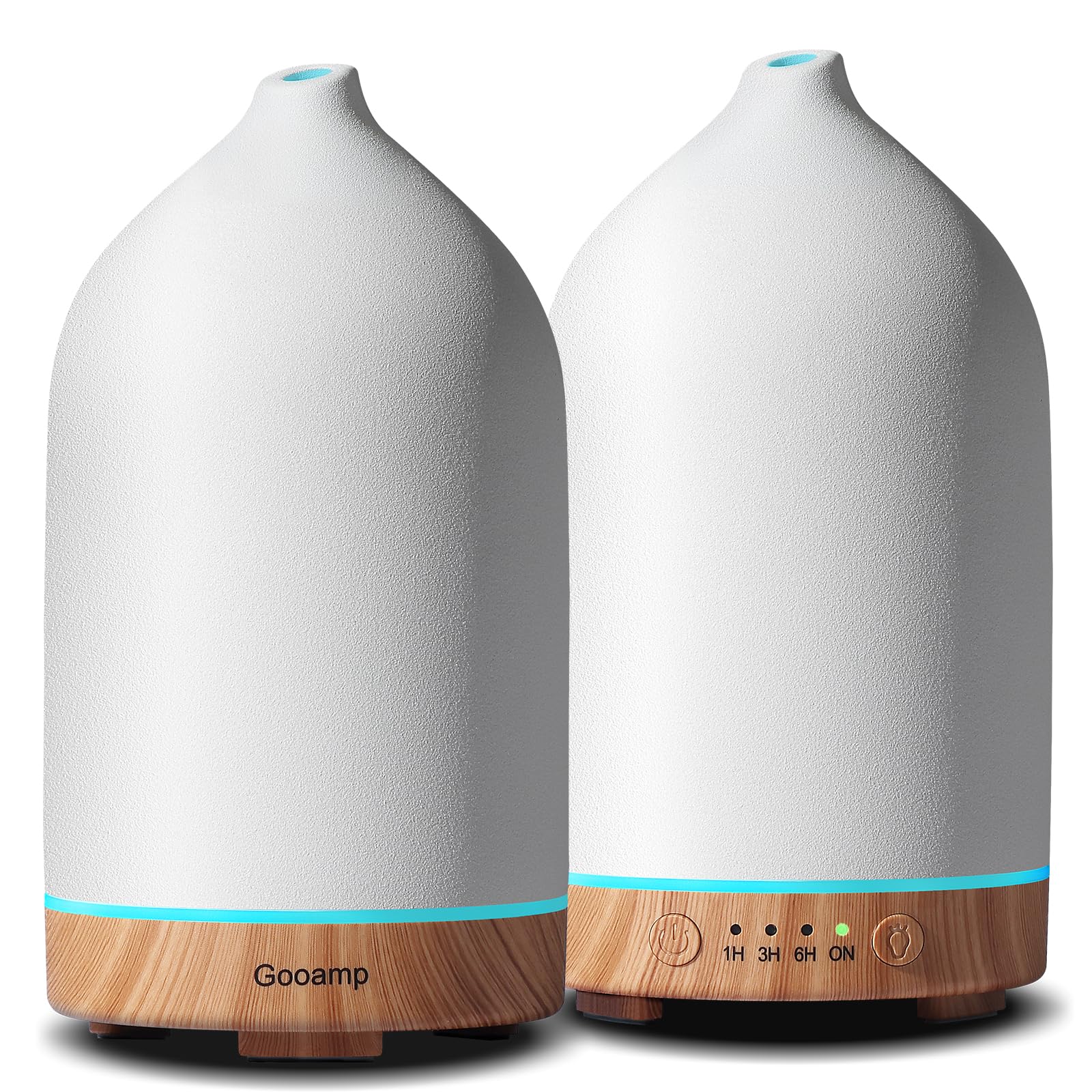Gooamp Diffusore di oli essenziali in ceramica da 200 ml (set da 2) – Aromaterapia ad ultrasuoni e umidificatore con luci LED a 7 colori, spegnimento automatico, base con venature del legno, timer 1H