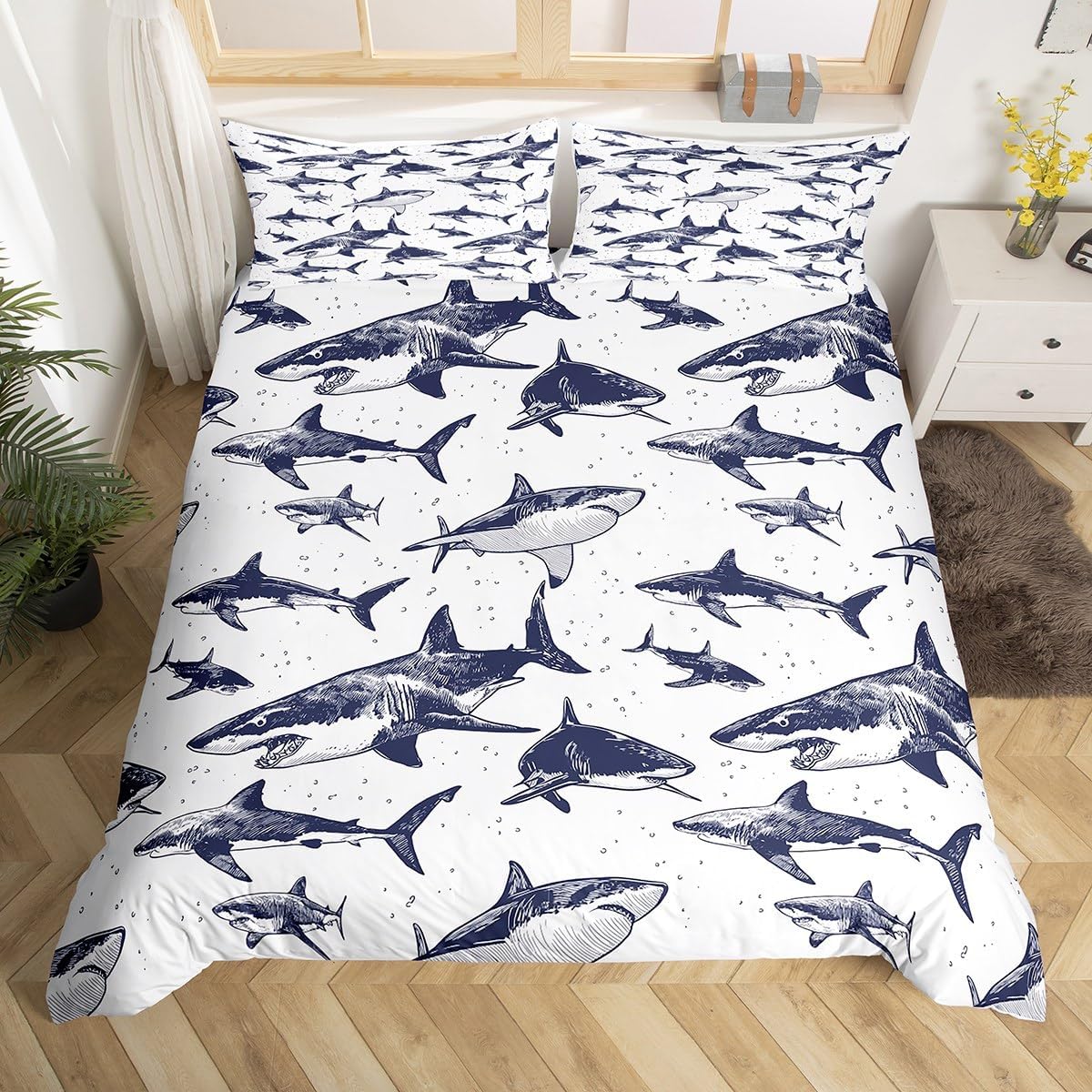 Erosebridal Shark Duvet Cover Full Size Ocean Life Bedding Set for Kids Boys Girls Children Underwater Word Comforter Cover Sea Animal Quilt Cover Grey and White Home Decoration