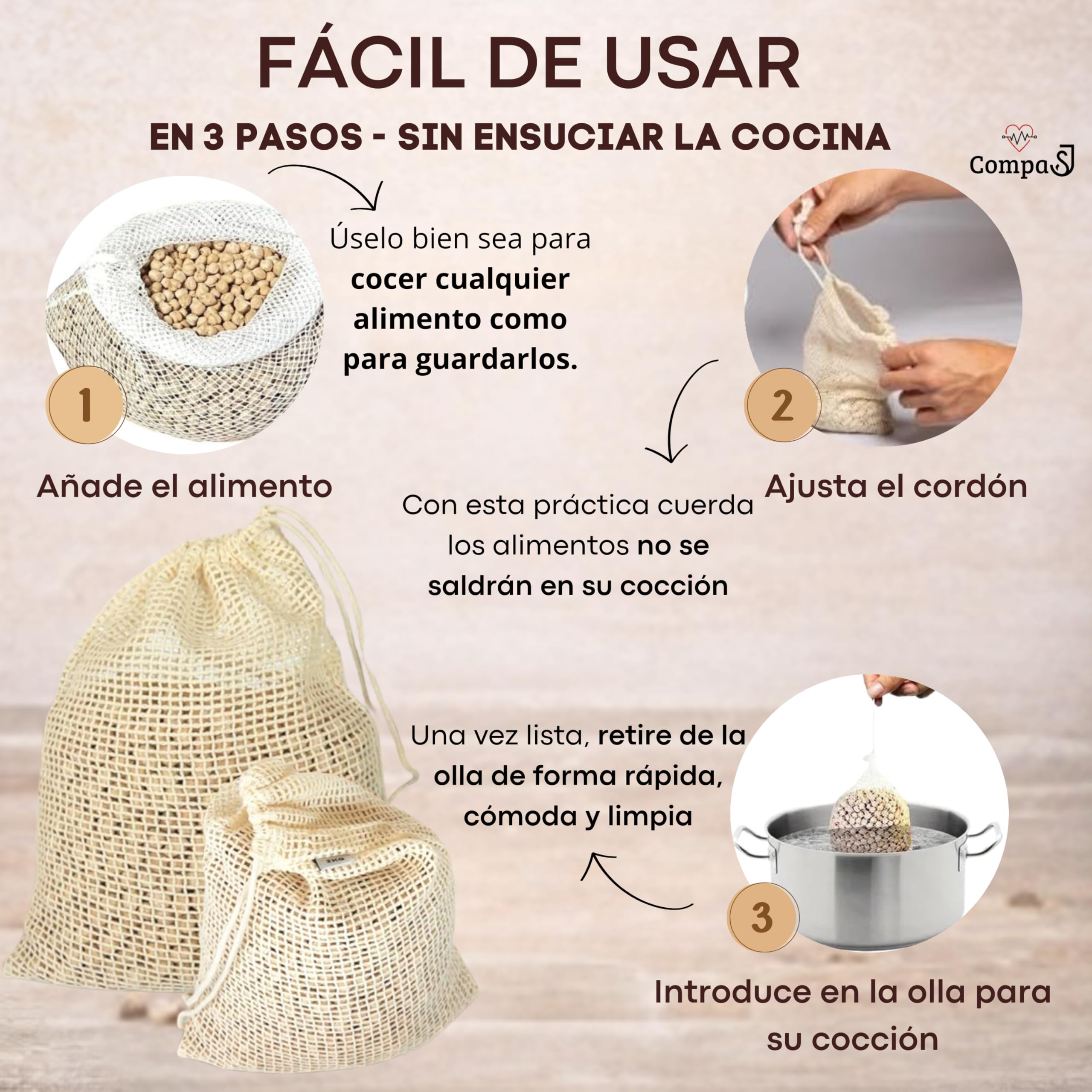 Set de 3 Mallas para Cocer Garbanzos y Legumbres - Bolsa para Cocinar Carne - Red de Cocción