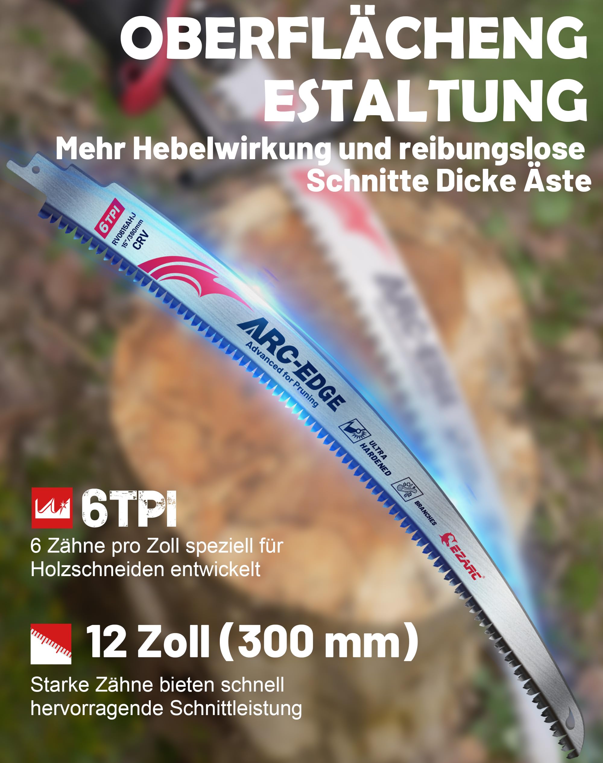EZARC Säbelsägeblätter mit japanischen Zähnen, 3tlg Bogenkante Säbelsägeblätter für Holz 380mm, 6 TPI zum Beschneiden von Bäumen, Holzschneiden