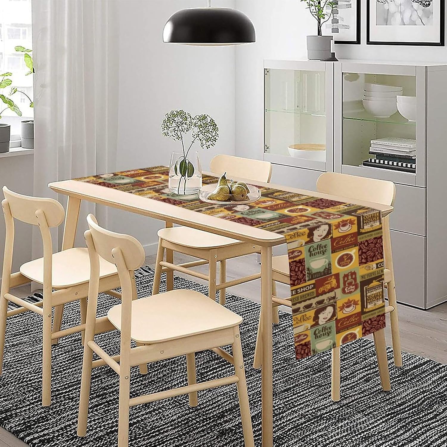 Collage Abstract Coffee Table Runner Vintage Mocha Latte Coffee Cup Pattern Table Center Decor for Rustic Cabin Dining Indoor Outdoor Kitchen Wedding Holiday Party Home Decoration 13×108in