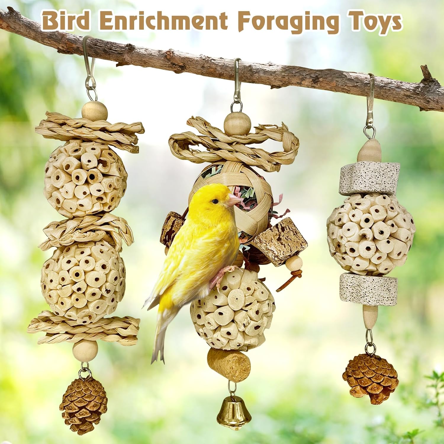 BNOSDM Hanging Bird Toy Sola Balls 3PCS Parrot Shredder Balls Natural Parakeet Foraging Toy Wood Bird Cage Chew Toys for Cockatiel, Budgie, Sun Conure, Quakers, Lovebirds (A)