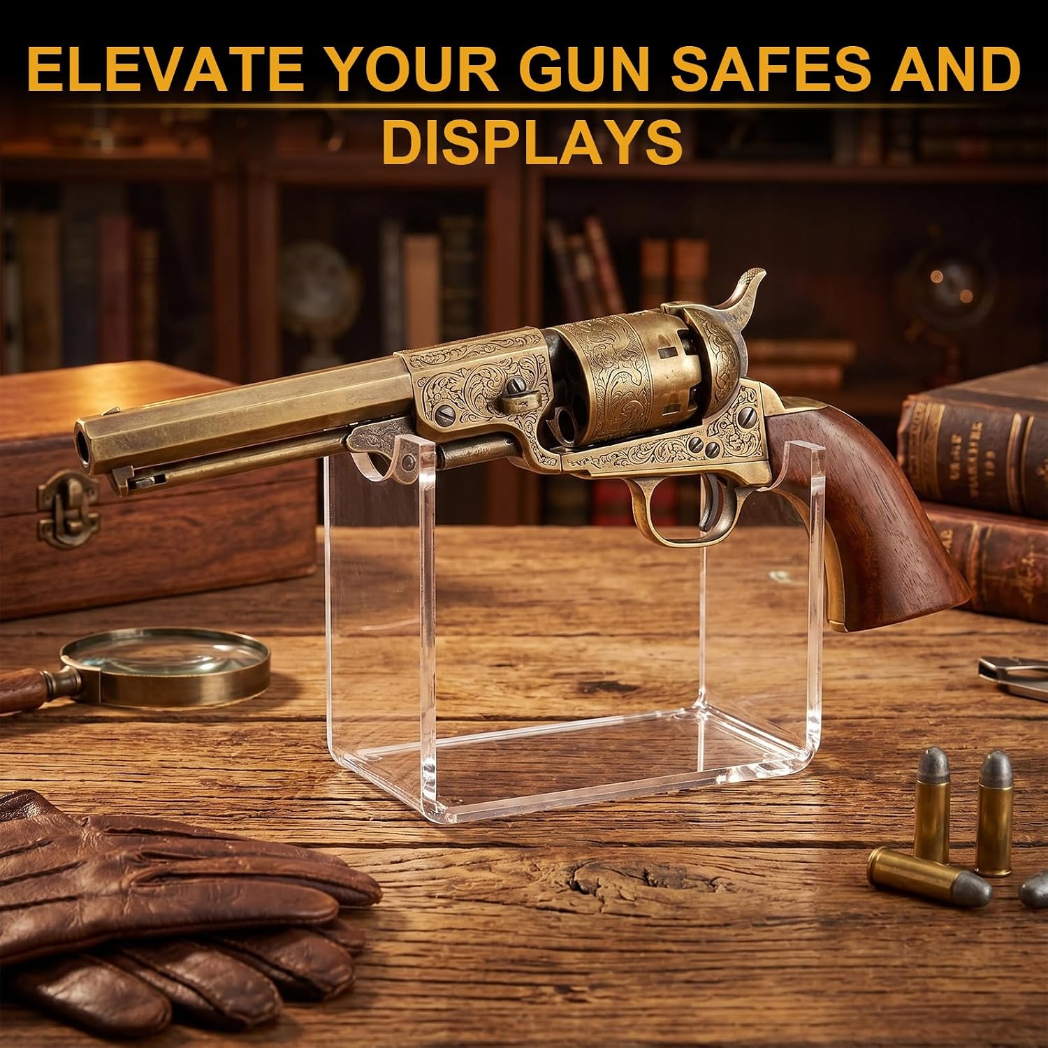 2 Pack 4.5 Inch Acrylic Revolvers Display Stand with Non-slip Rubber Pad, Pistol Stand for Antique Handguns Collectibles, Civil War Pistols Museum-quality for Gun Collectors (Clear)