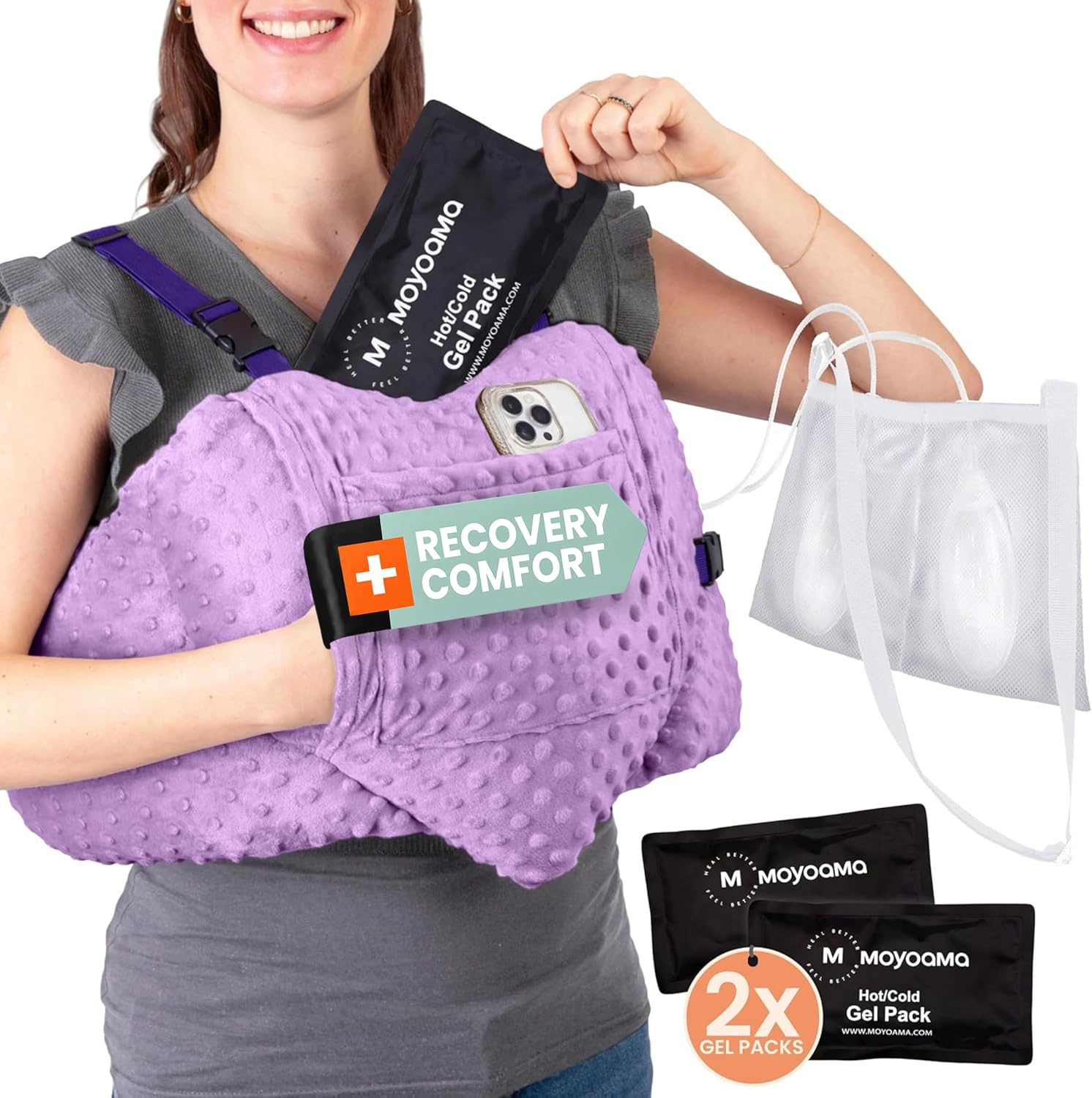 MOYOAMA Post Mastectomy Pillow Heart - 4 Pcs Protective Set - Cozy Hand Muff & 5 Built-in Pockets - Breast Surgery Must Haves,Breast Reduction Recovery Supplies, Breast Augmentation,Post Op Essentials
