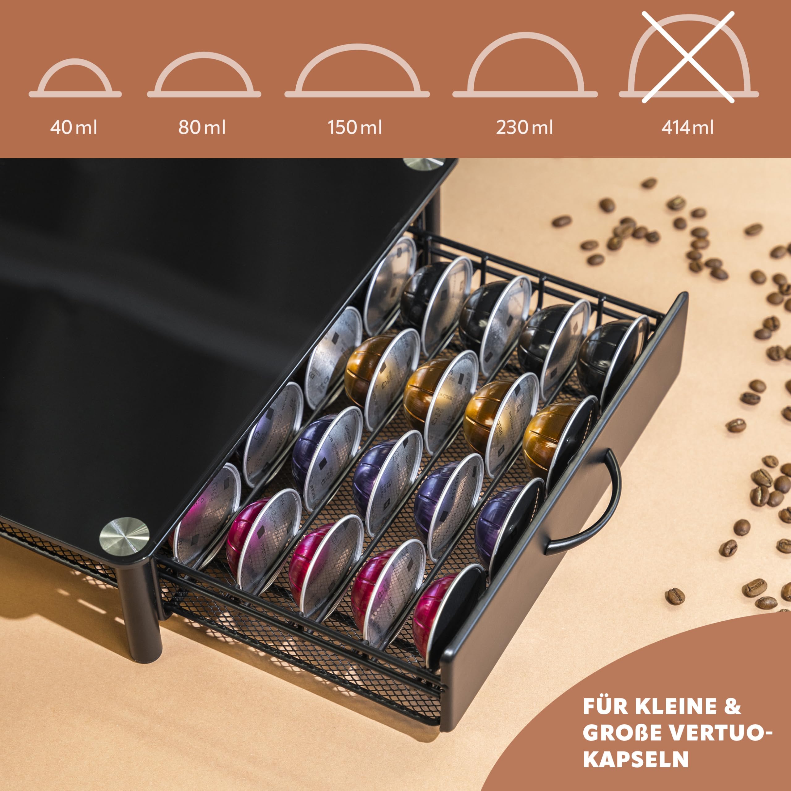 eluno Kapselhalter für 40x Nespresso Vertuo, Schubladenbox, Glas-Maschinenständer Metall und Glasplatte, Kaffeekapselbox, Kapselspender ca. 33,5 x 9 x 41 cm (B/H/T) (schwarz)