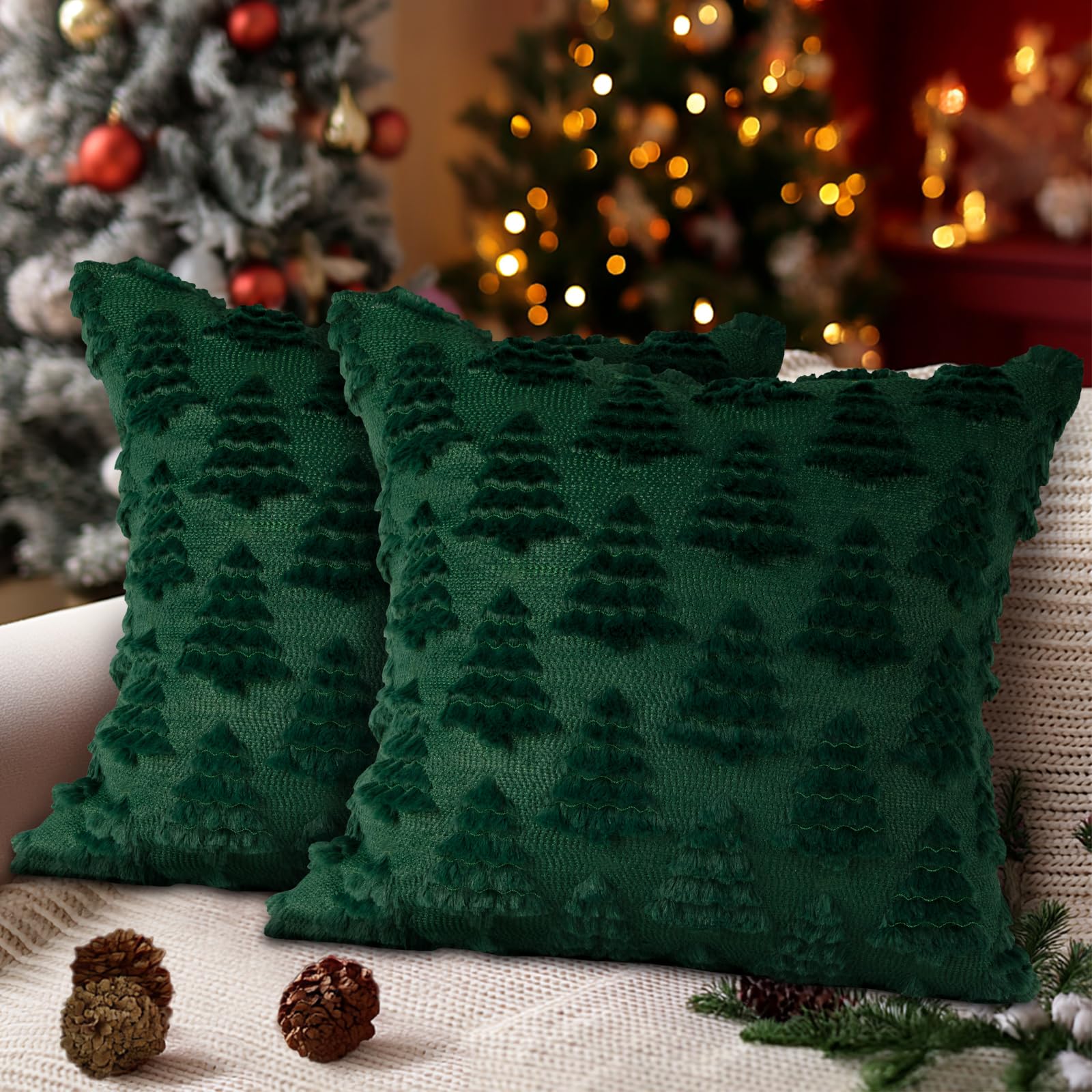 Lanpn Christmas 60x60 Throw Pillow Covers Set of 2, Winter Christmas Tree Throw Pillow Cases Soft Plush Faux Fur Wool 24 x 24 Winter Cushion Cover for Indoor Home Bedroom Couch Sofa Decor (Green)