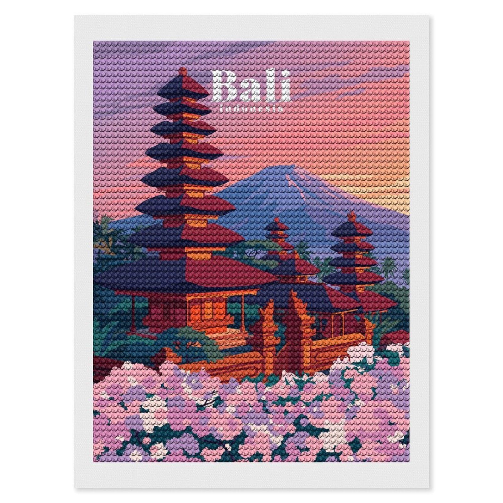 Junmoney Bali Indonesia Diamond Art Kit 12"x16", Vintage Style Decor, Stress Relief Craft, Decor Project, Relaxing DIY, Creative Hobby