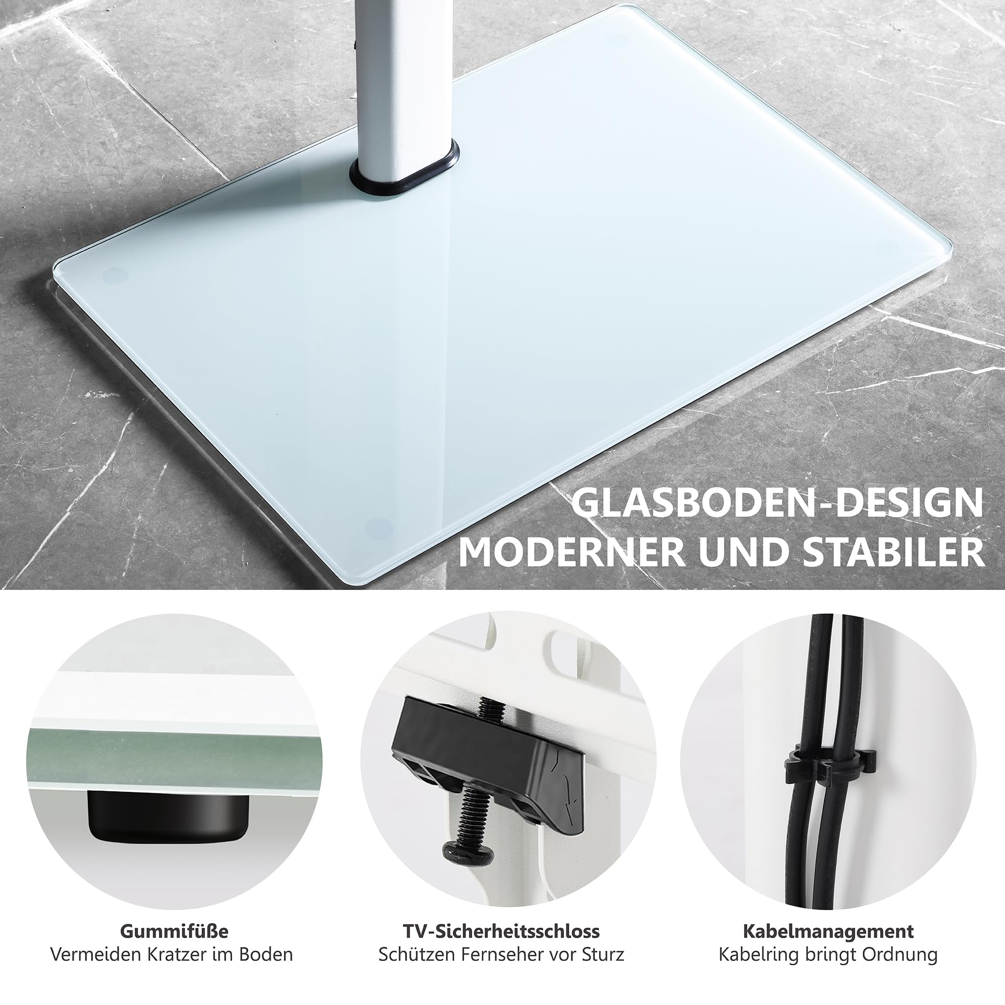 FITUEYES TV Ständer mit Glasboden für 32-60 Zoll Fernseher, Höhenverstellbarer TV Standfuss bis zu 30 KG, Max. VESA 600 x 400mm, Weiß