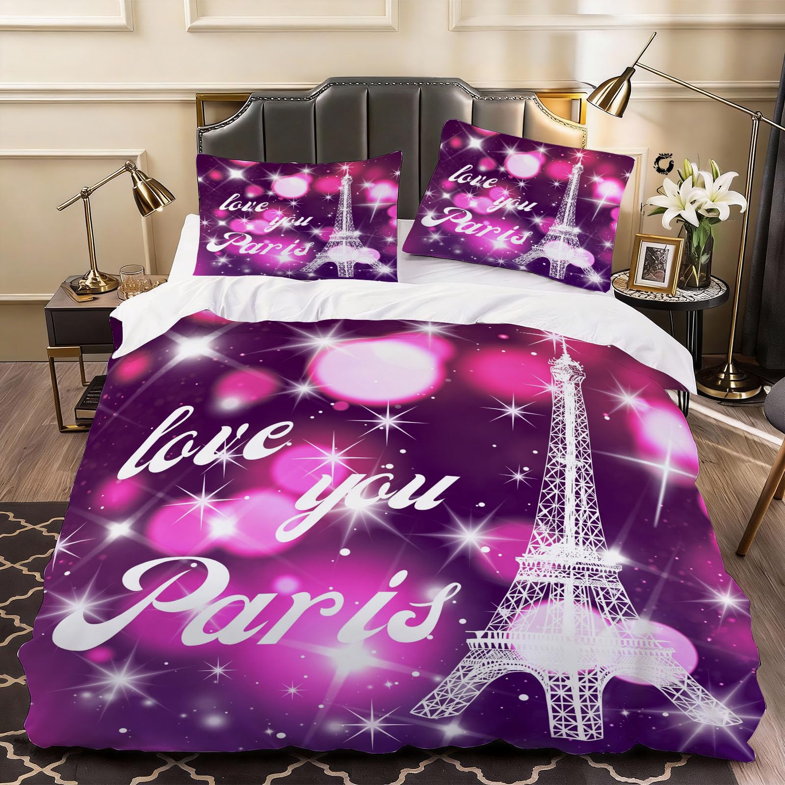 3D Eiffel Tower Duvet Cover Romantic Love Bedding Double Bed Set, Soft Microfiber Comforter Cover Printed with Zipper Closure Quilt Coverr 200x200 cm and 2 Pillowcases