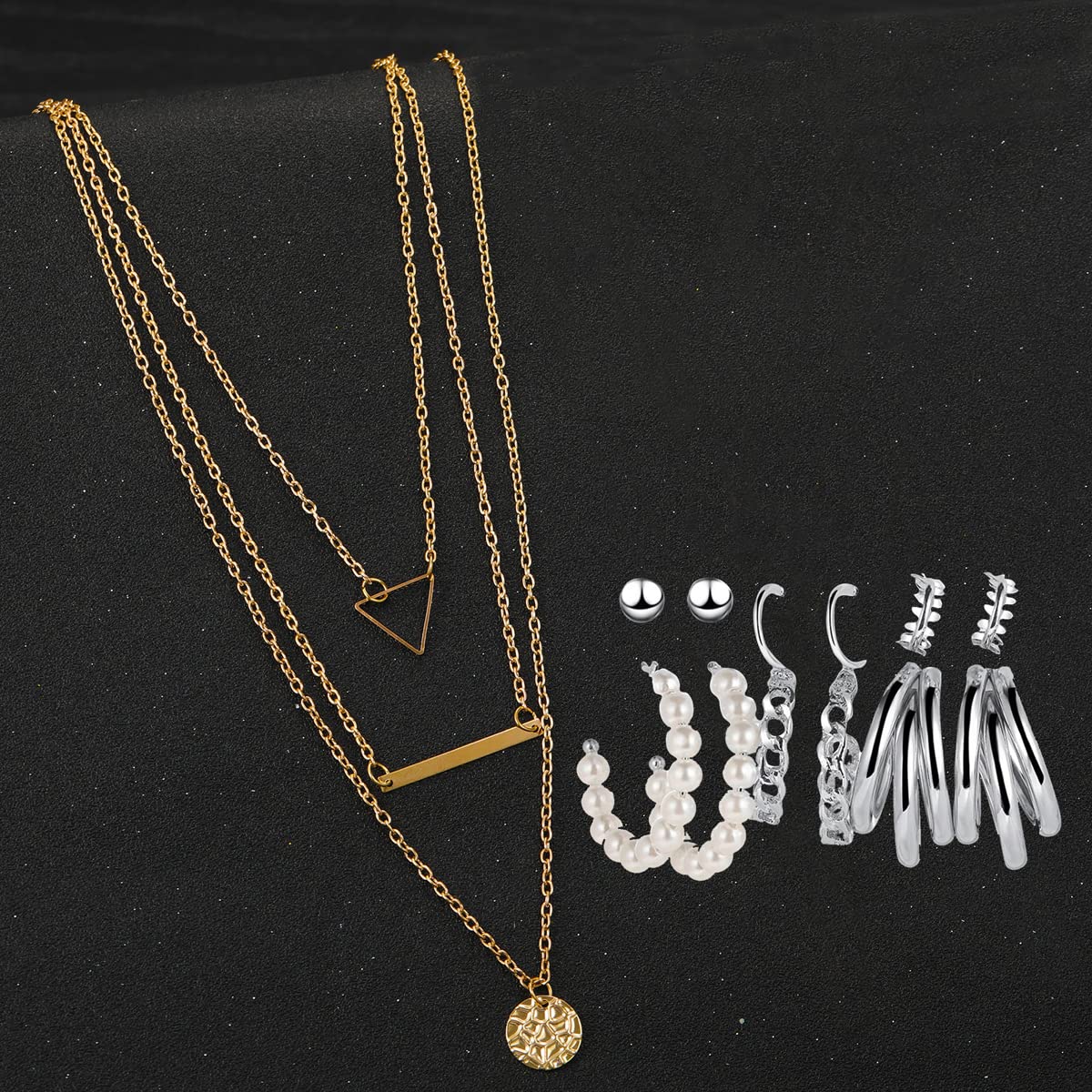 Layered Necklace & Silver Plated Earrings Set