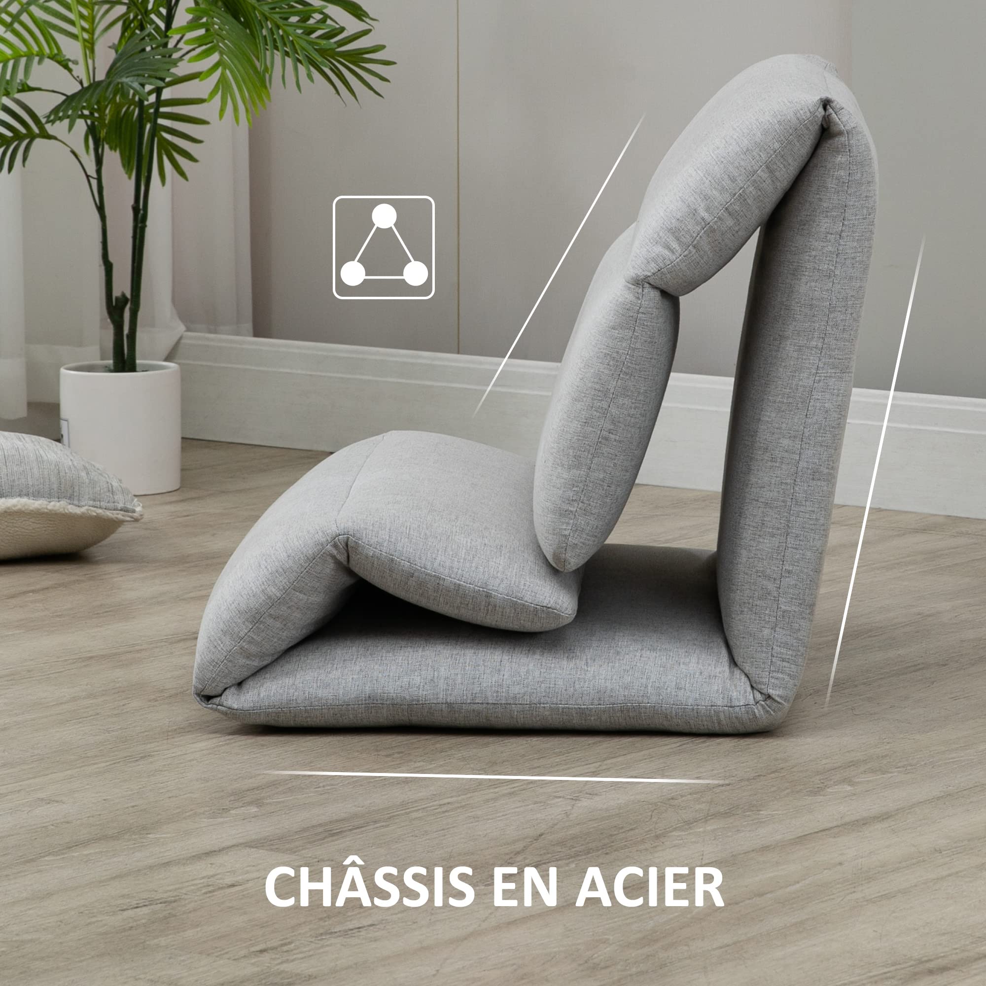 HOMCOM Fauteuil de Sol canapé Paresseux Fauteuil Convertible en lit Dossier inclinable sur 5 Positions Tissu Imitation Lin - 72 x 71 x 60 cm - Gris