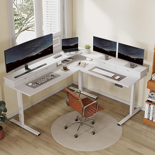 Miniatura 133 de FLEXISPOT Escritorio de esquina profesional con motor dual en forma de L, escritorio eléctrico de pie, escritorio de pie con altura ajustable, mesa