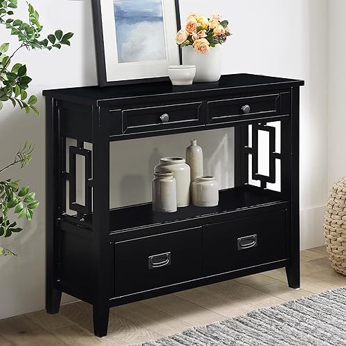 Miniatura 16 de Mesa consola rústica con 4 cajones y estantes, armario de cocina vintage de madera para almacenamiento, pasillo, vestíbulo con estantes de Marrón